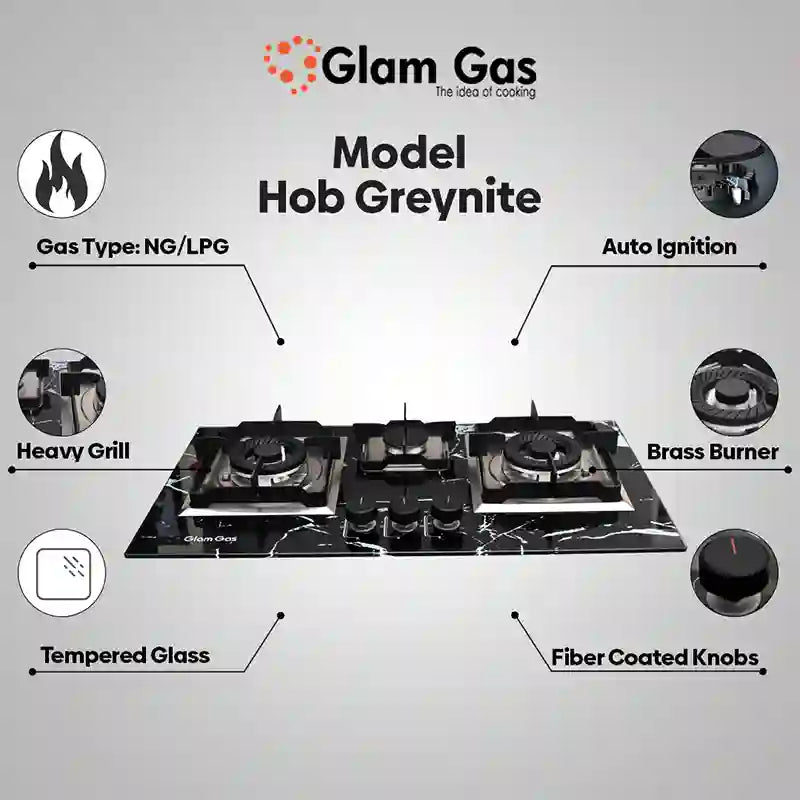 Glam Gas Built In Hob (Model-Greynite) Auto Ignition System (Natural Gas & LPG) Brand Warranty