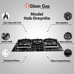 Glam Gas Built In Hob (Model-Greynite) Auto Ignition System (Natural Gas & LPG) Brand Warranty