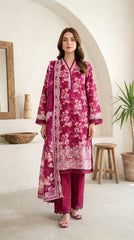 03 Piece Stitched Embroidered with cutwork embroidered lawn dupatta