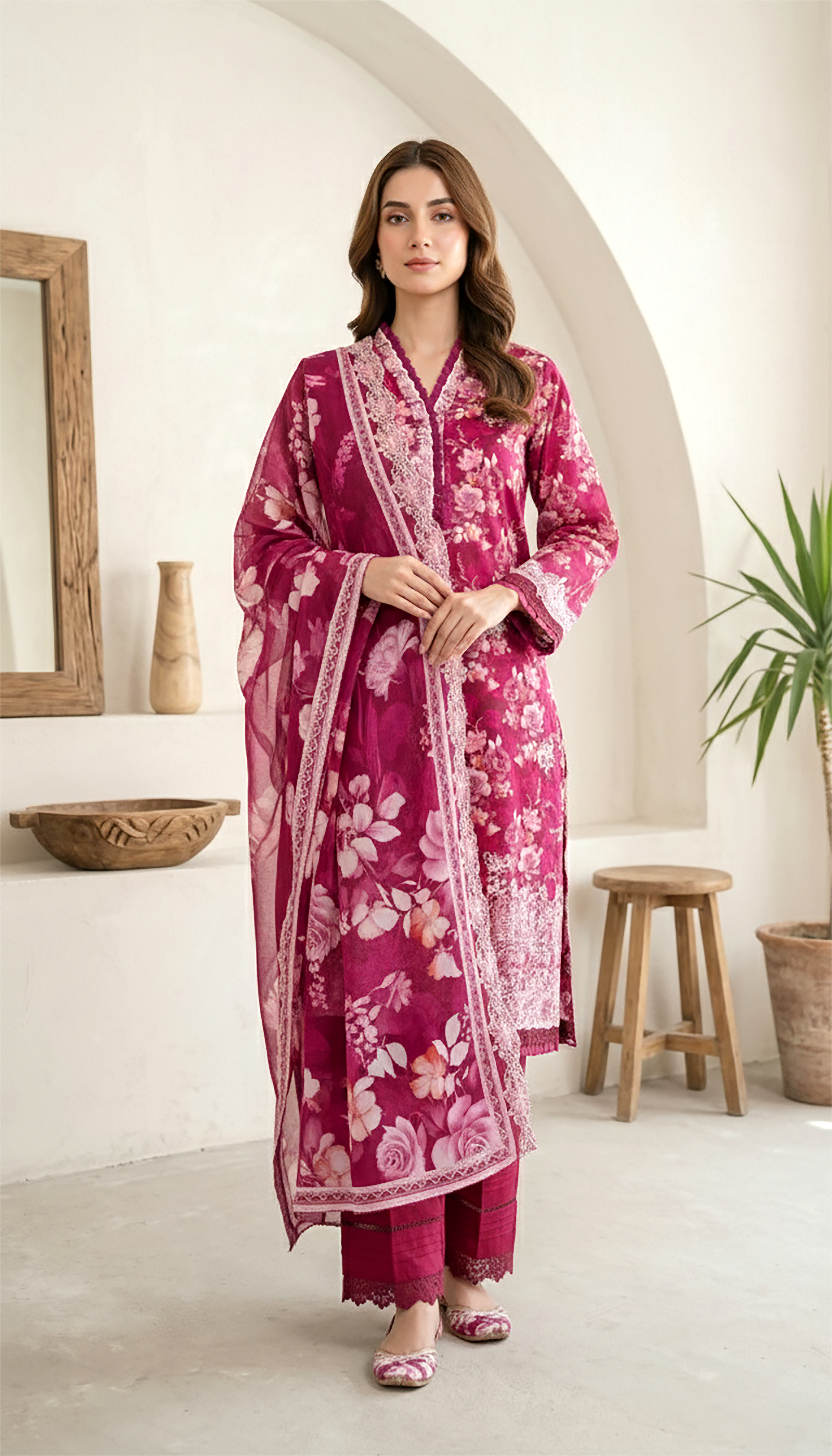 03 Piece Stitched Embroidered with cutwork embroidered lawn dupatta