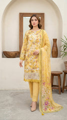 03 Piece Stitched Embroidered with Printed Chiffon Dupatta Komal Lawn