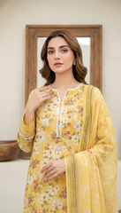 03 Piece Stitched Embroidered with Printed Chiffon Dupatta Komal Lawn