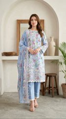 03 Piece Stitched Embroidered with cutwork embroidered lawn dupatta