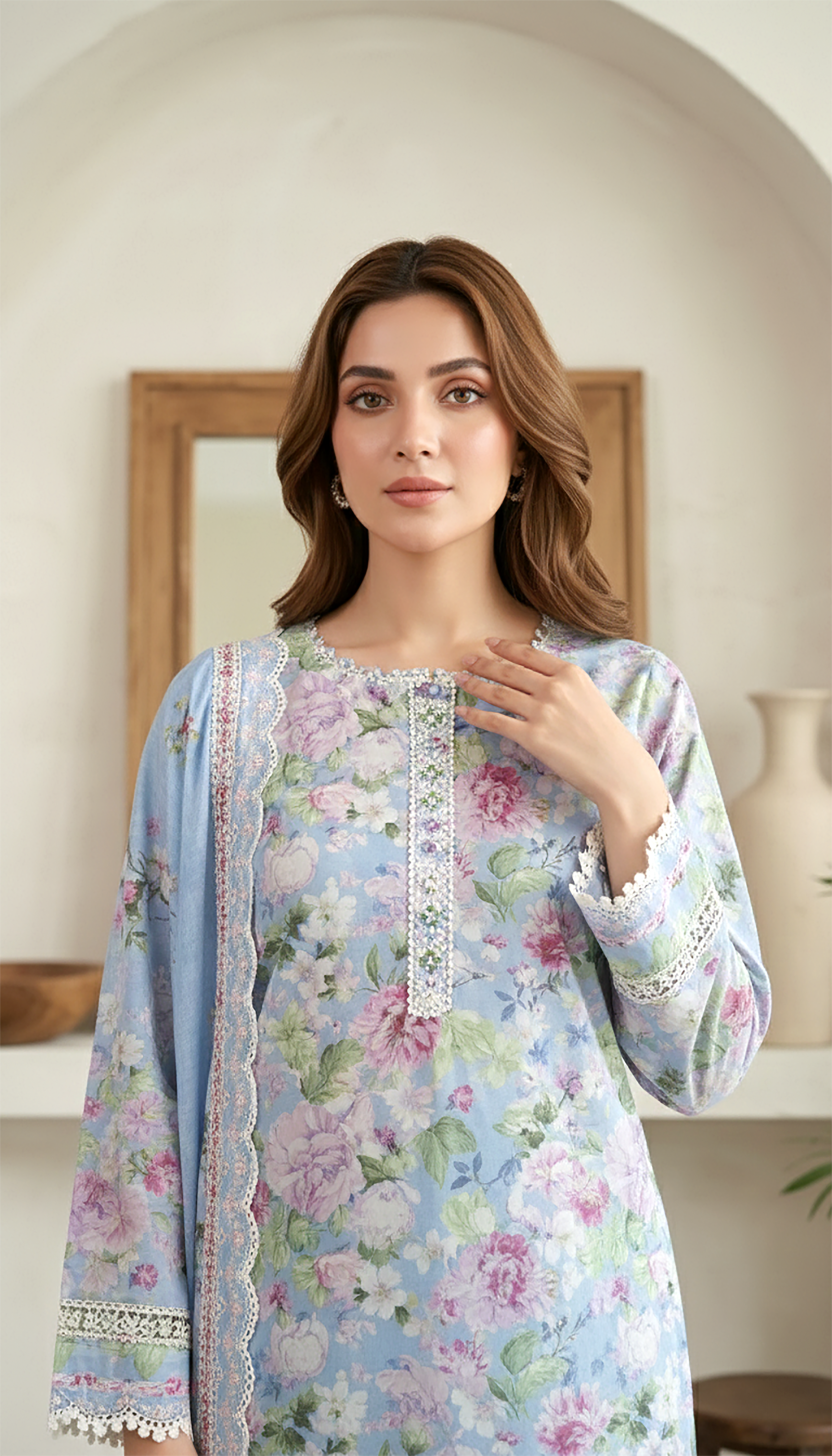 03 Piece Stitched Embroidered with cutwork embroidered lawn dupatta