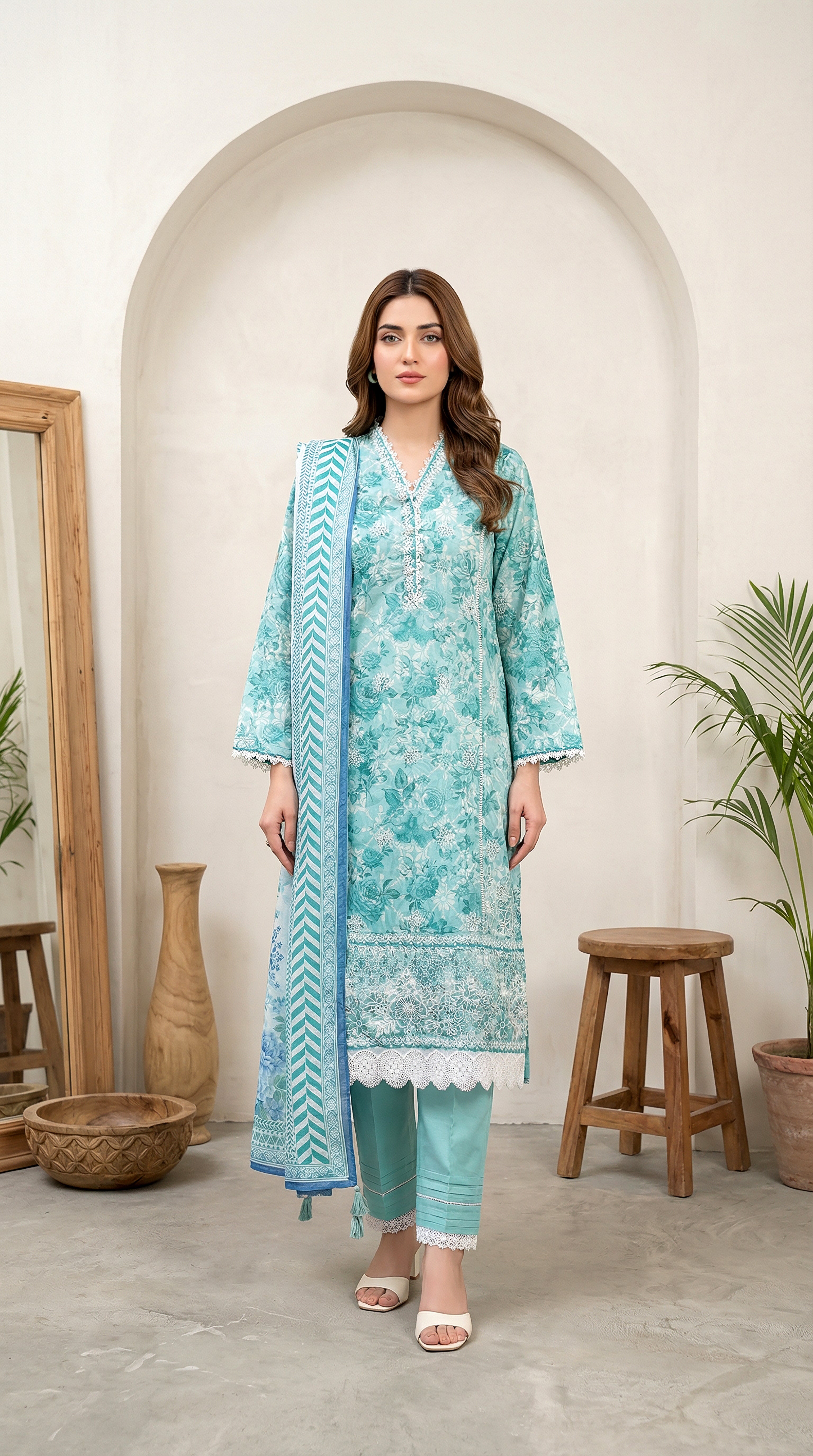 03 Piece Stitched Embroidered with Printed Chiffon Dupatta Komal Lawn