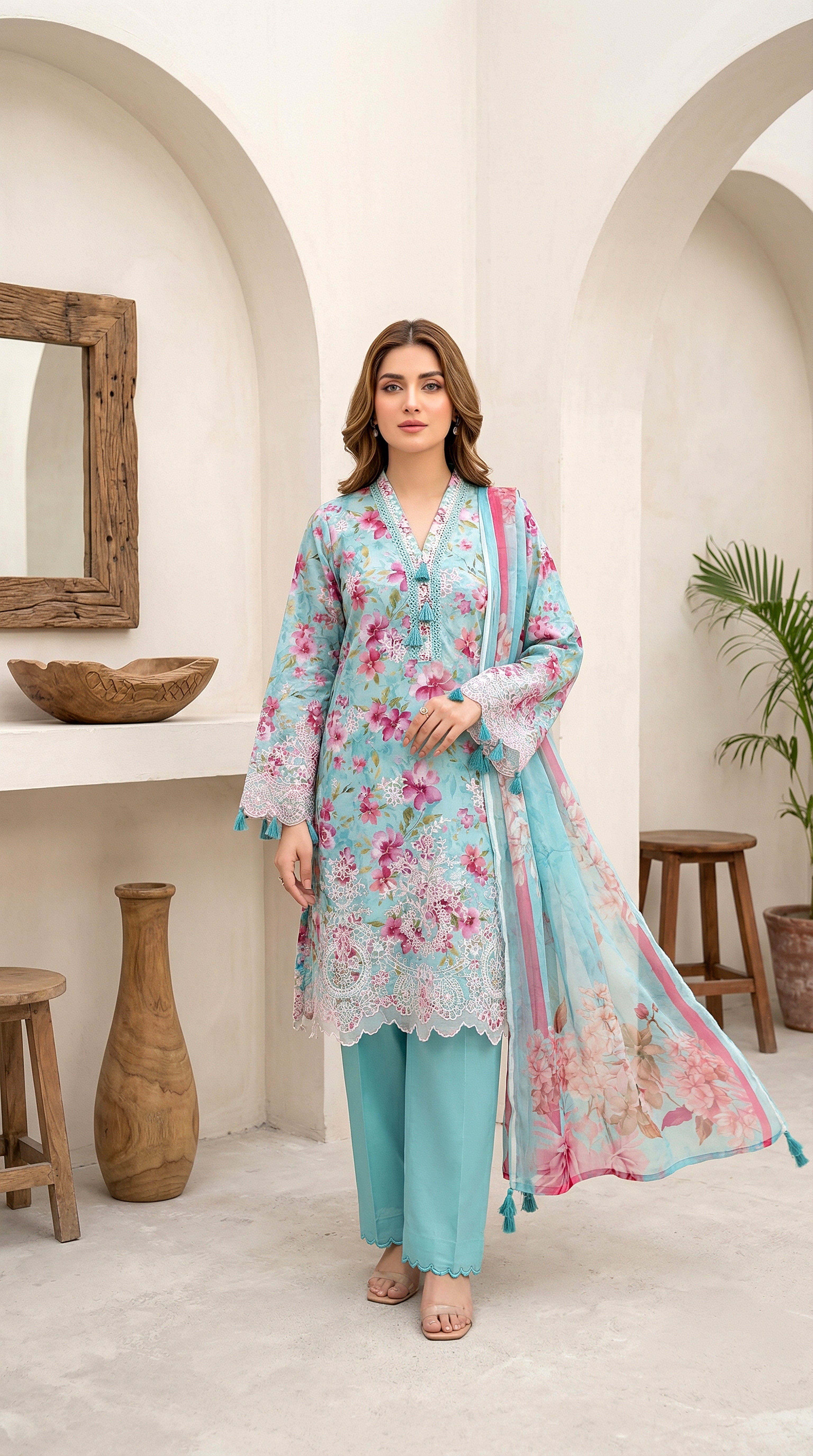 03 Piece Stitched Embroidered with Printed Chiffon Dupatta Komal Lawn