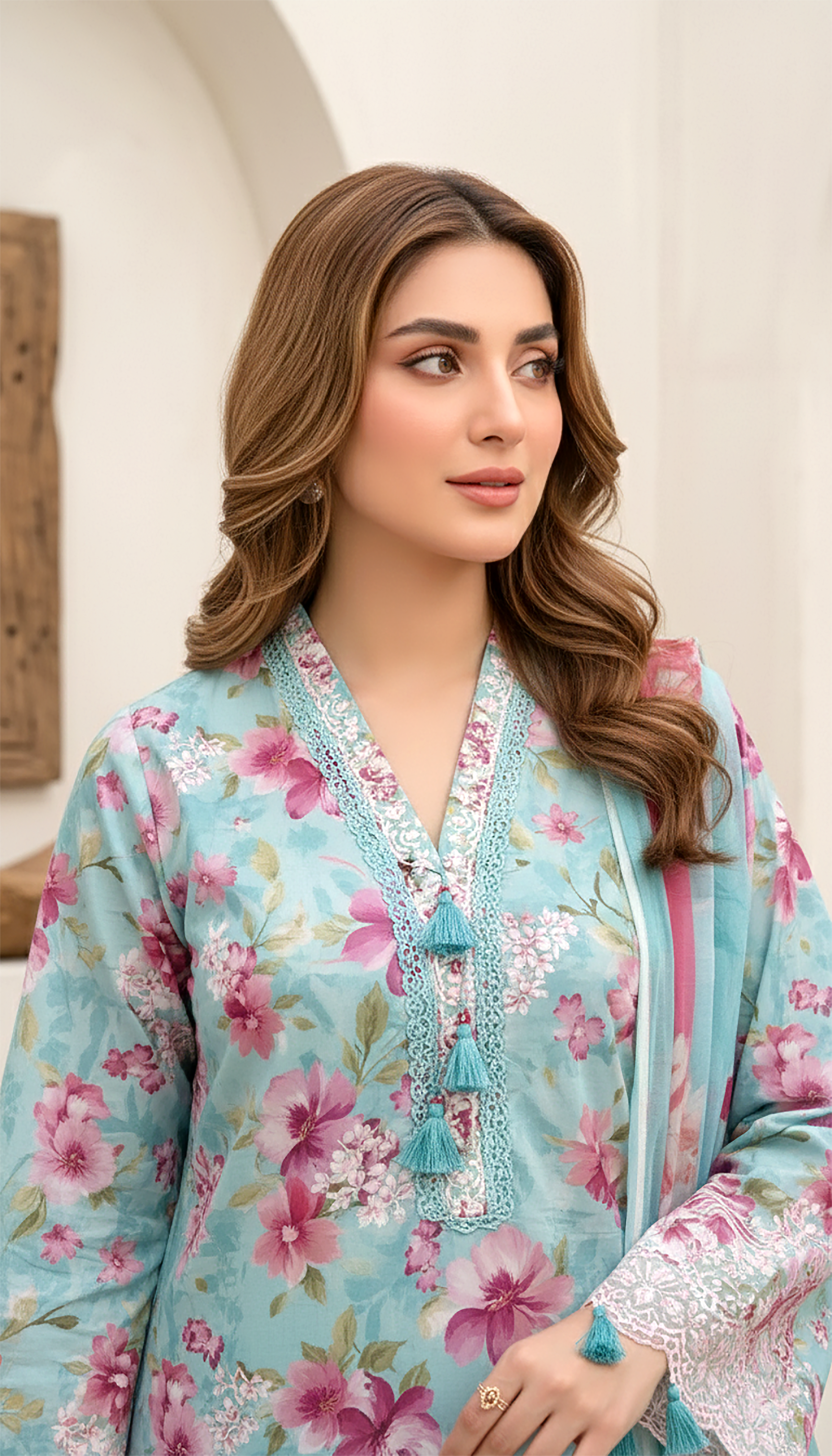 03 Piece Stitched Embroidered with Printed Chiffon Dupatta Komal Lawn