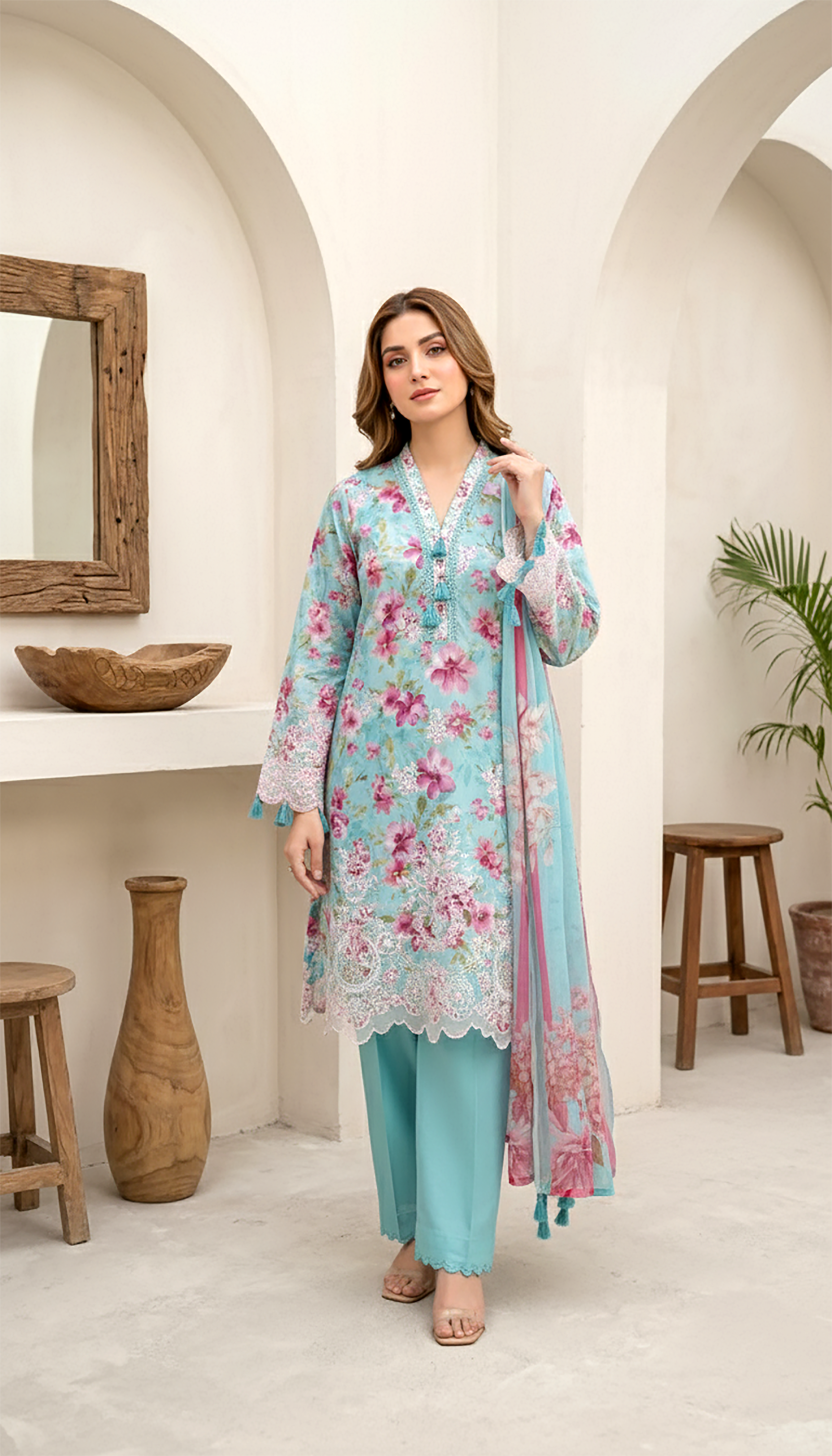 03 Piece Stitched Embroidered with Printed Chiffon Dupatta Komal Lawn