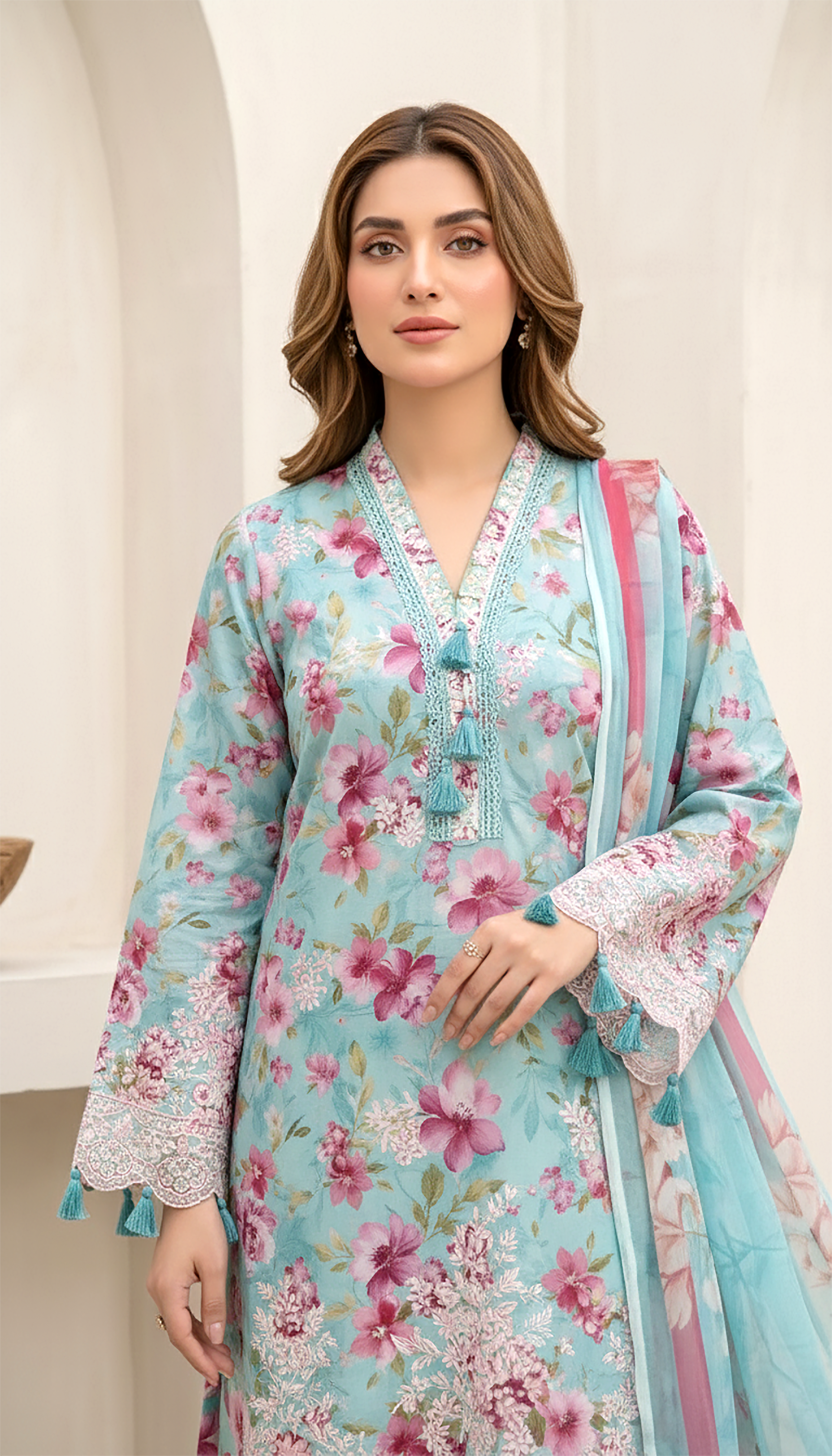 03 Piece Stitched Embroidered with Printed Chiffon Dupatta Komal Lawn