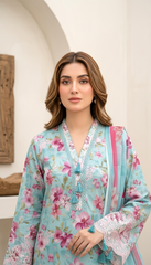 03 Piece Stitched Embroidered with Printed Chiffon Dupatta Komal Lawn