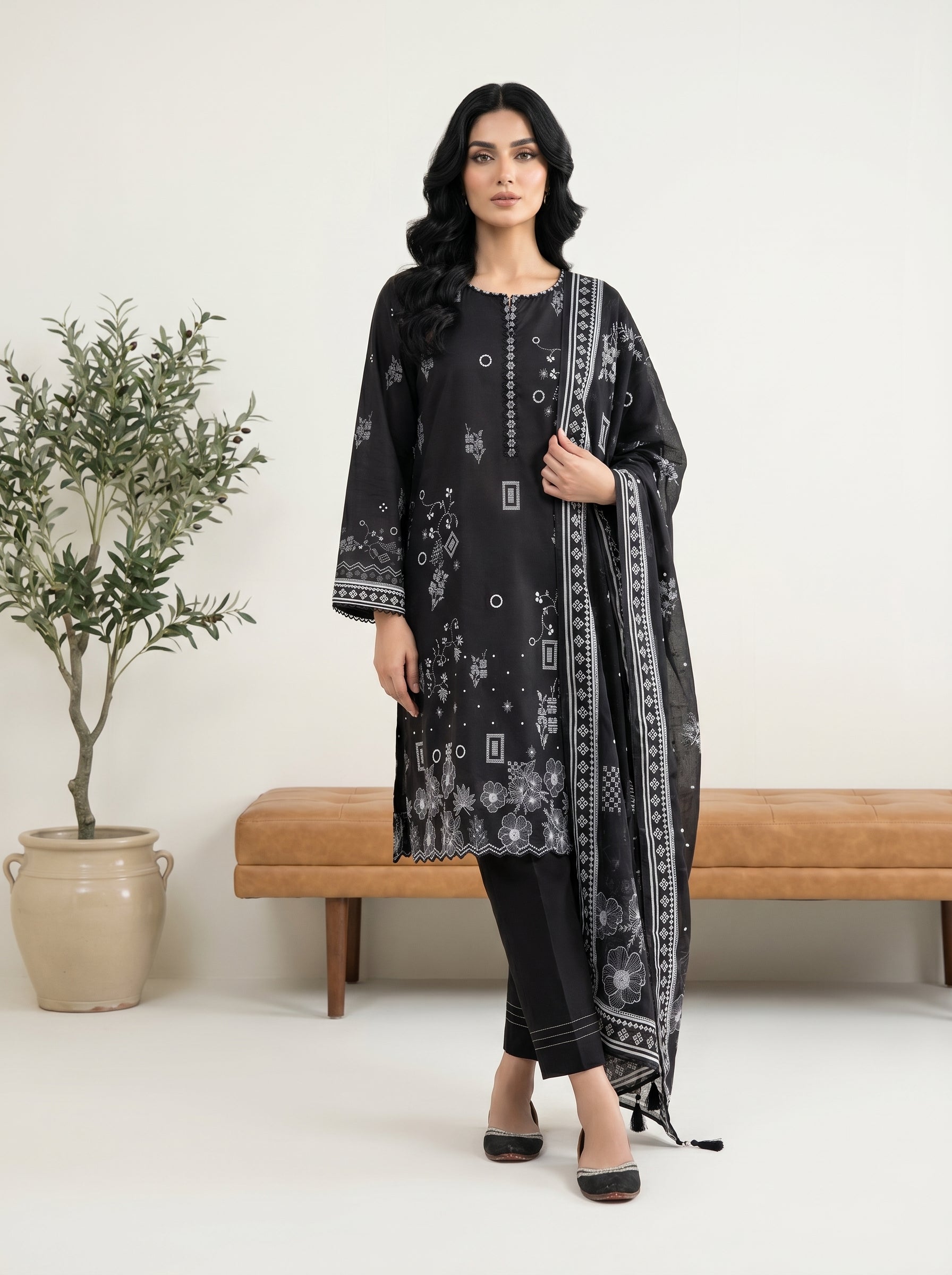 03 Piece Stitched Monochrome Printed Lawn