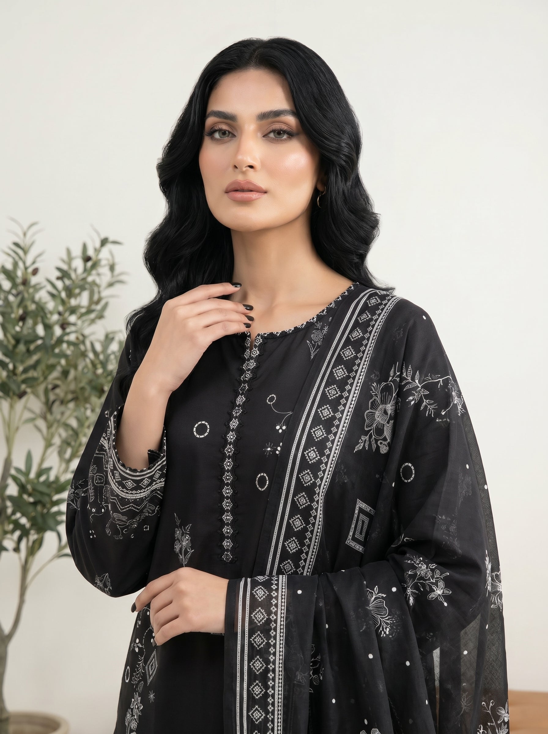 03 Piece Stitched Monochrome Printed Lawn