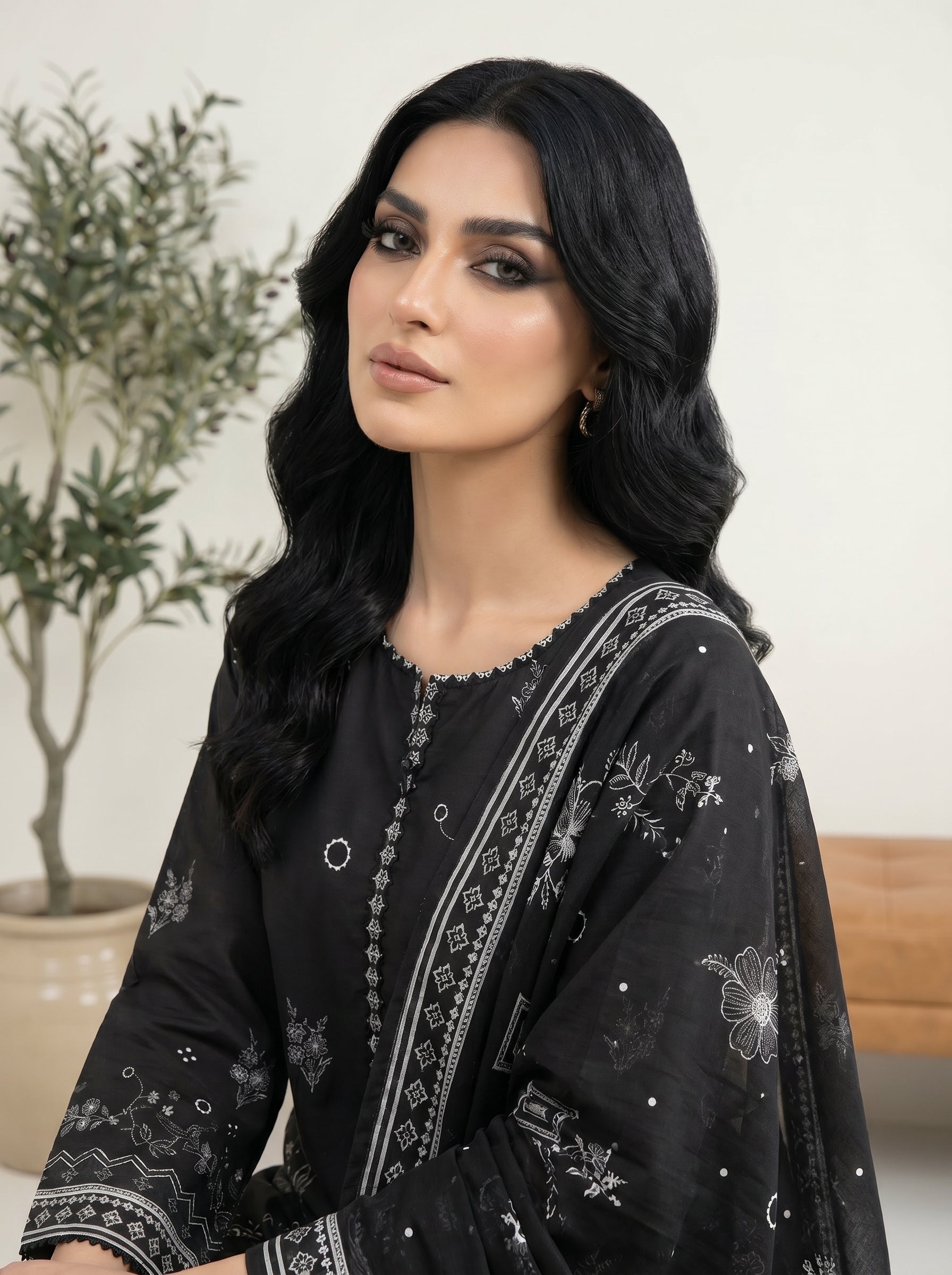 03 Piece Stitched Monochrome Printed Lawn
