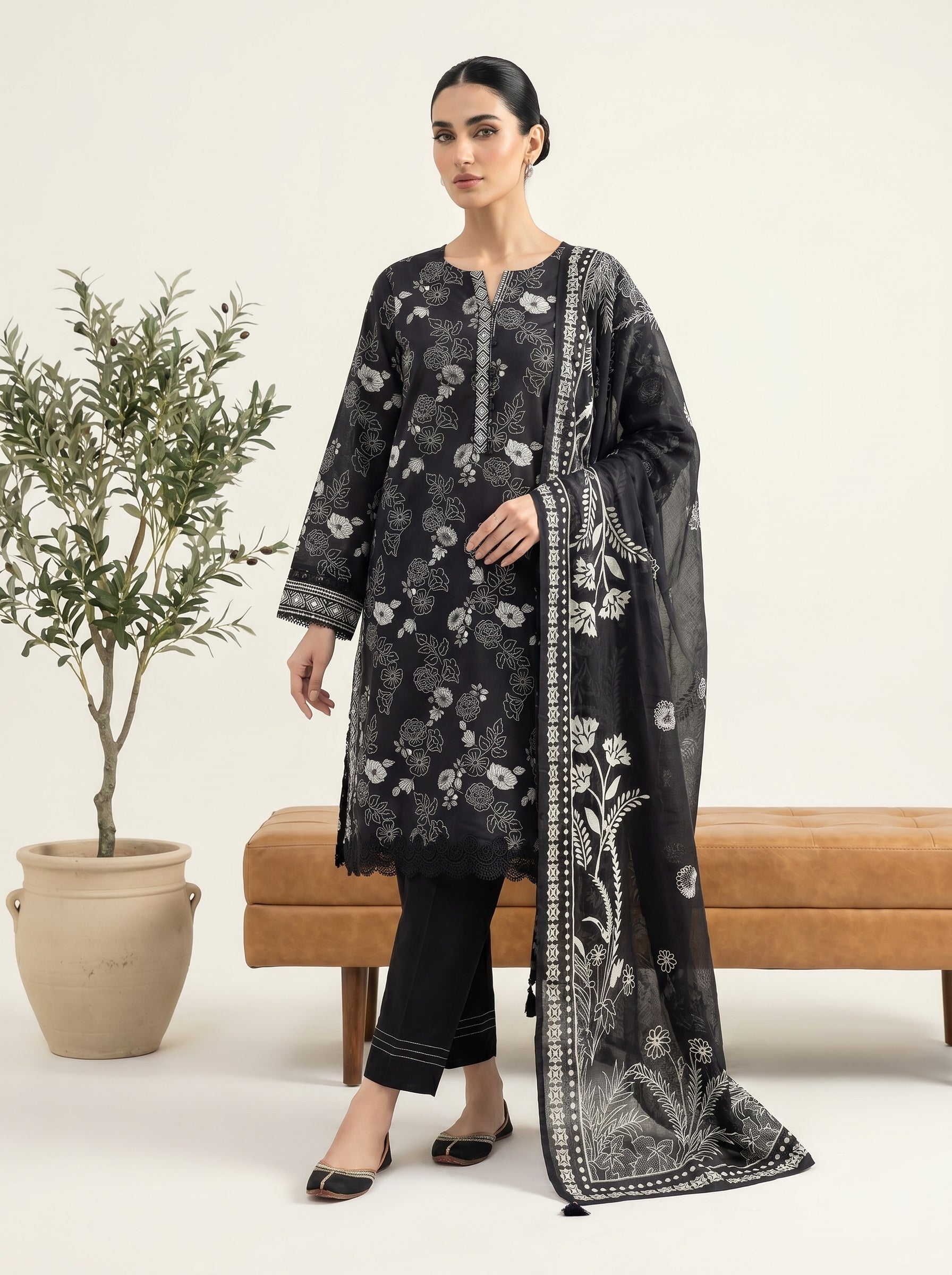 03 Piece Stitched Monochrome Printed Lawn