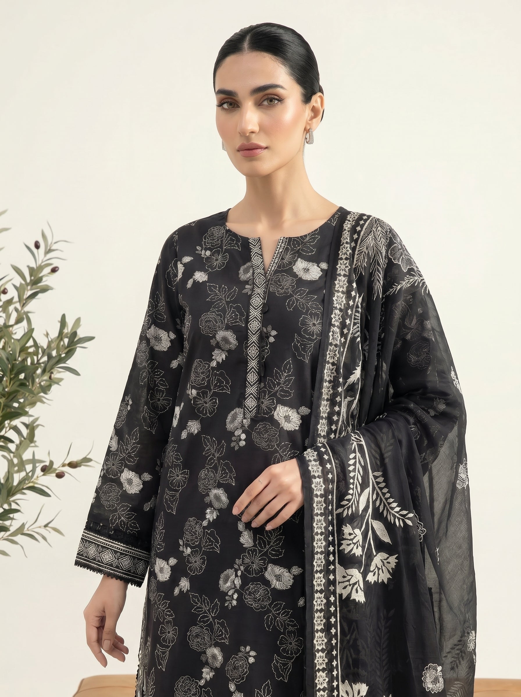 03 Piece Stitched Monochrome Printed Lawn