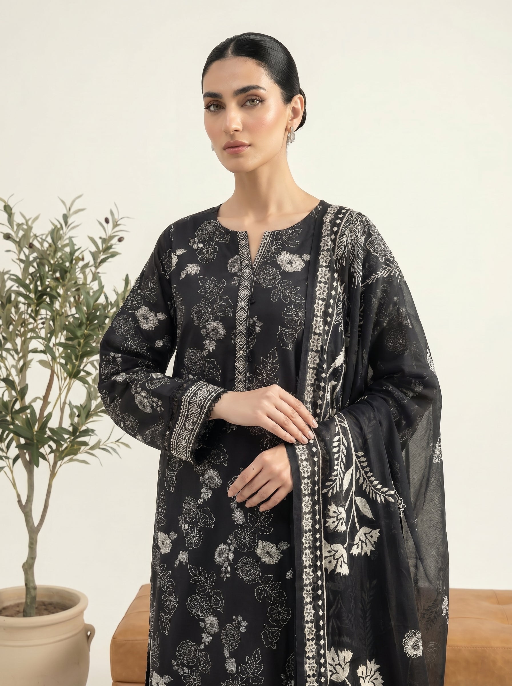 03 Piece Stitched Monochrome Printed Lawn