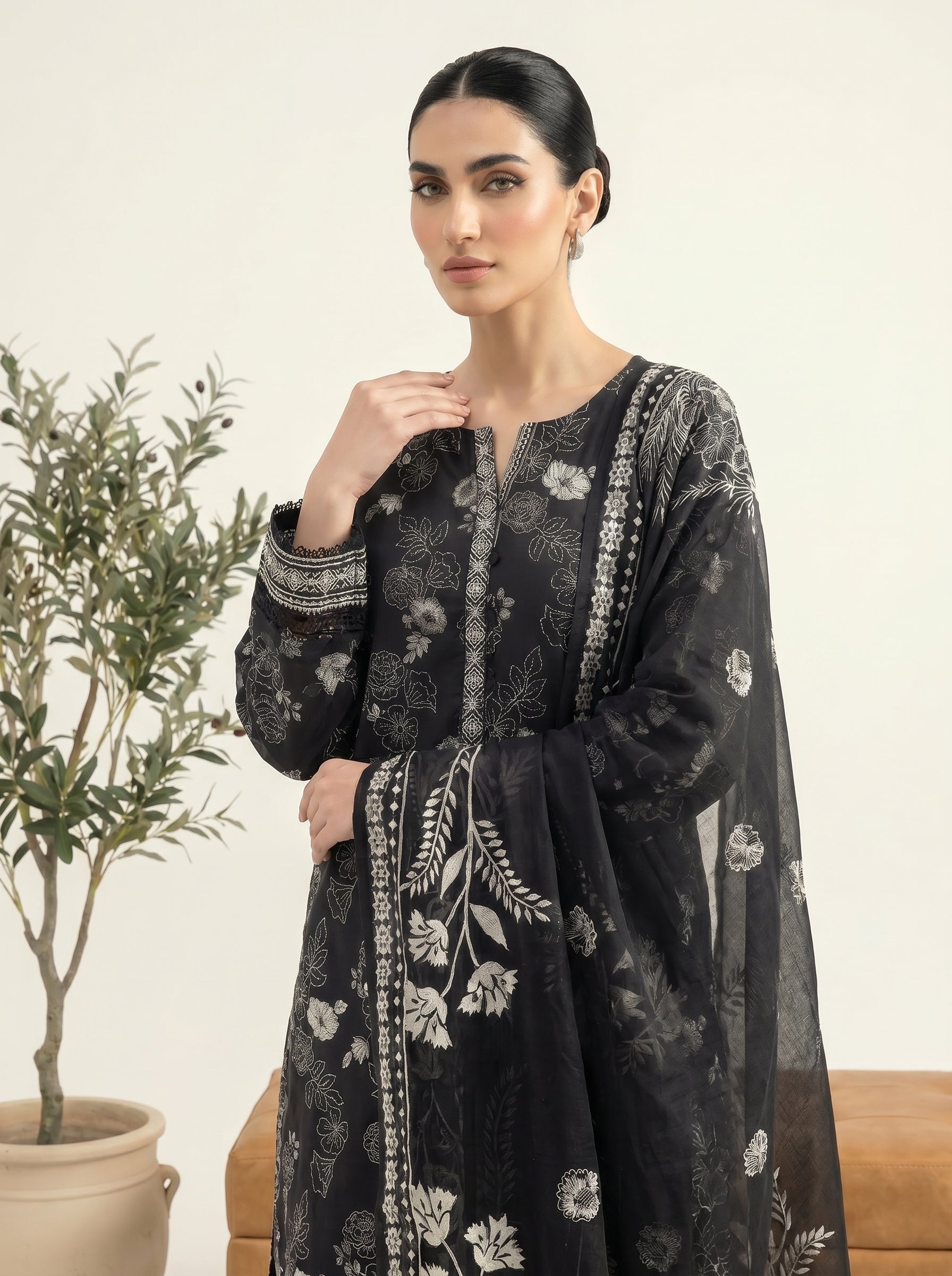 03 Piece Stitched Monochrome Printed Lawn