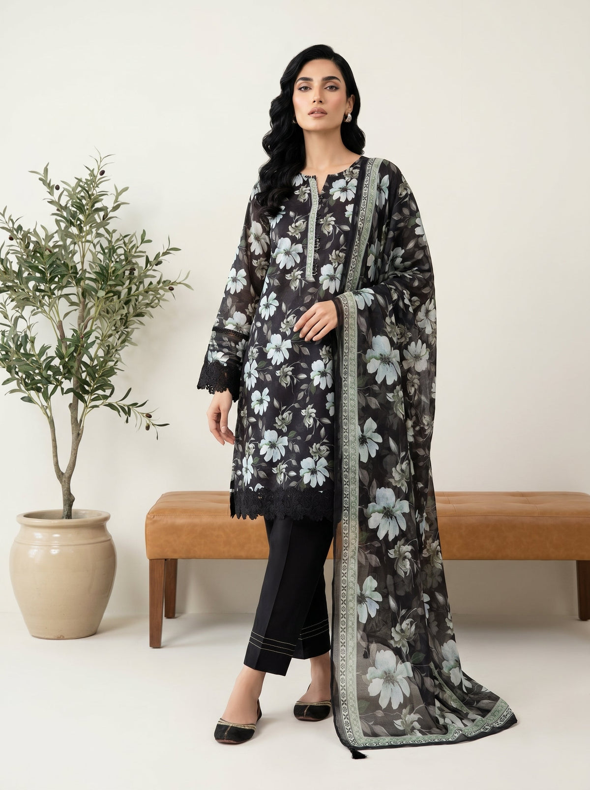03 Piece Stitched Monochrome Printed Lawn