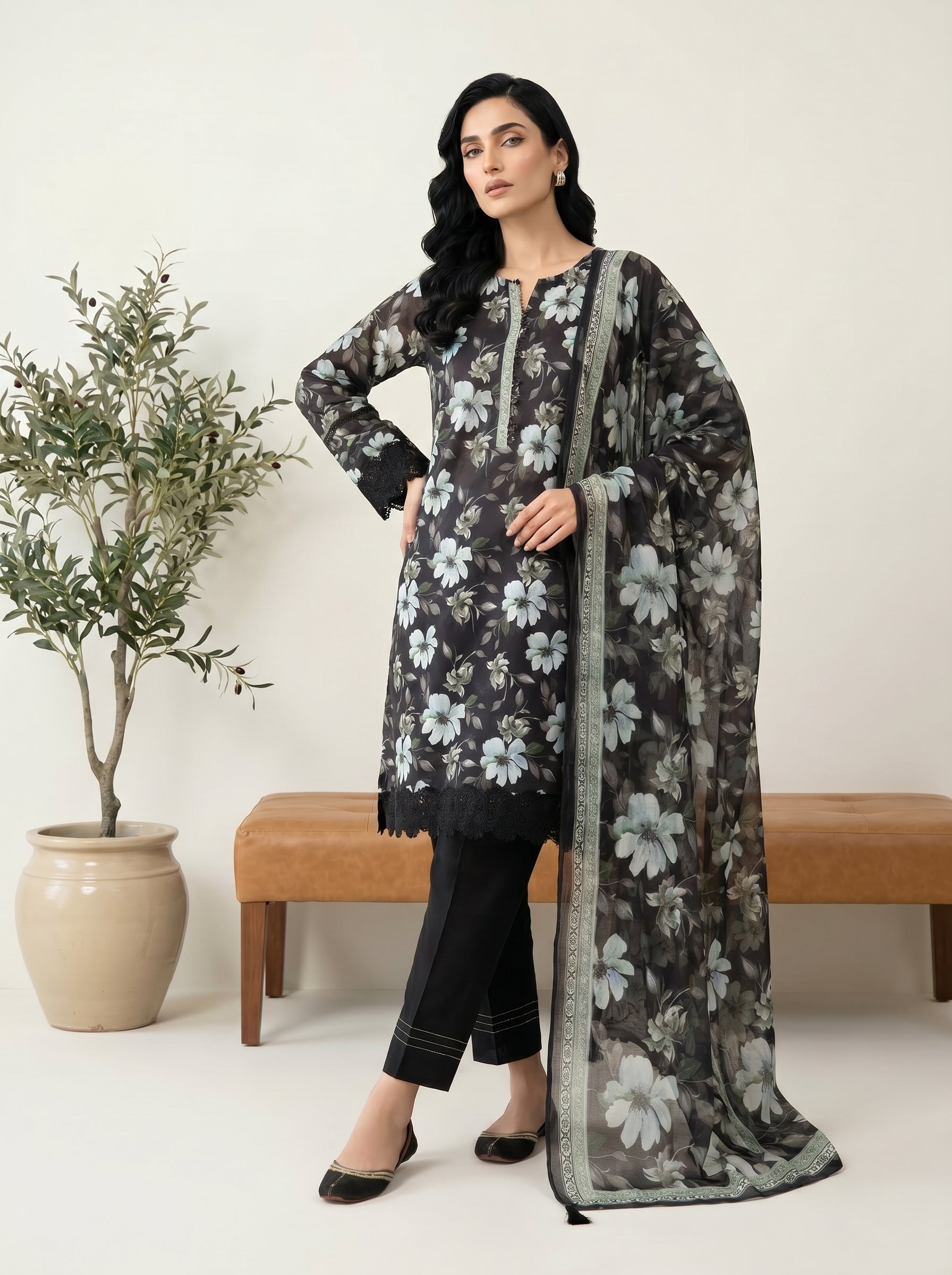 03 Piece Stitched Monochrome Printed Lawn