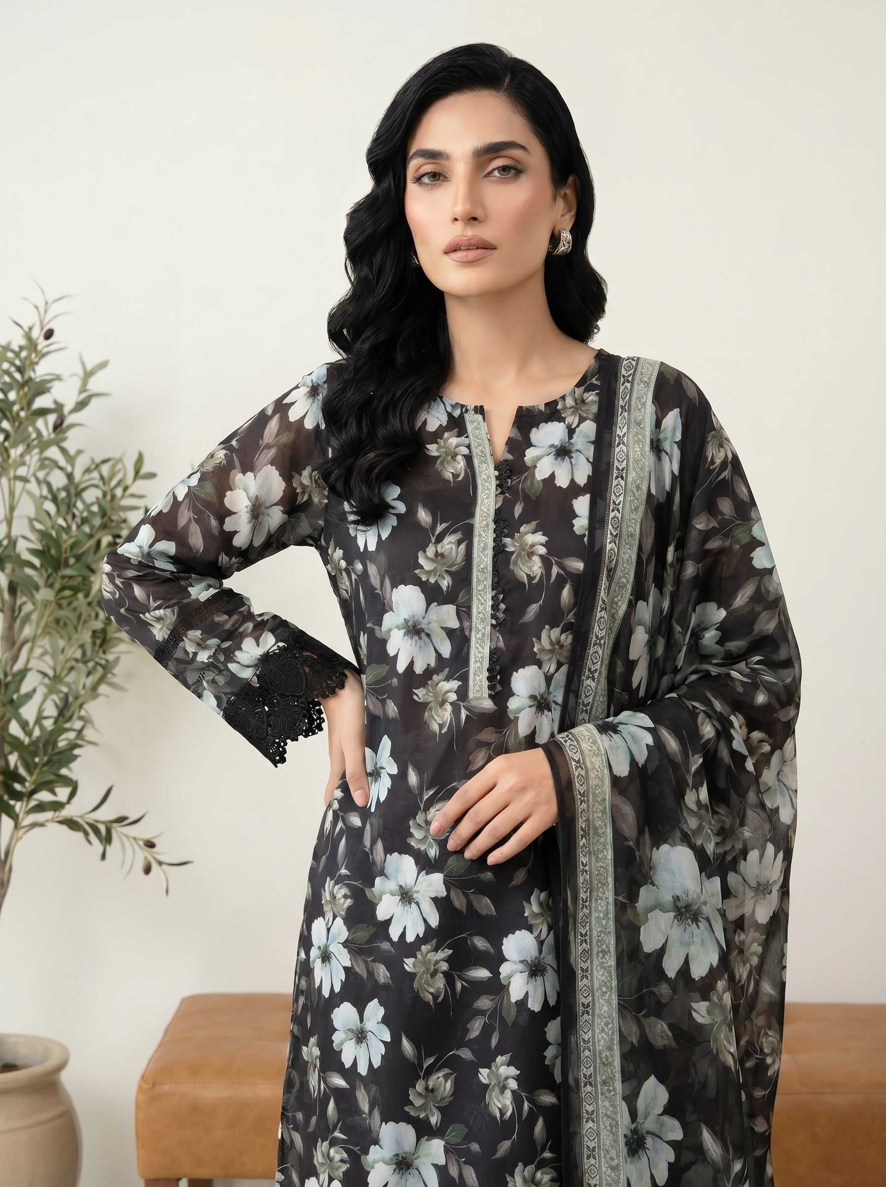 03 Piece Stitched Monochrome Printed Lawn