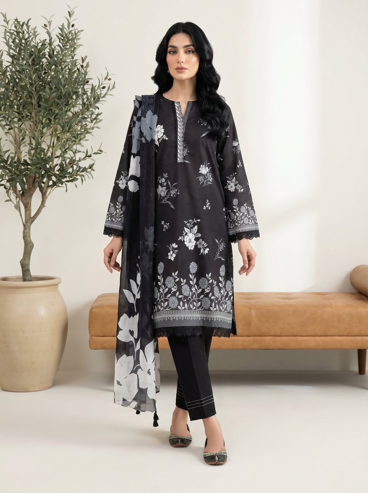 03 Piece Stitched Monochrome Printed Lawn