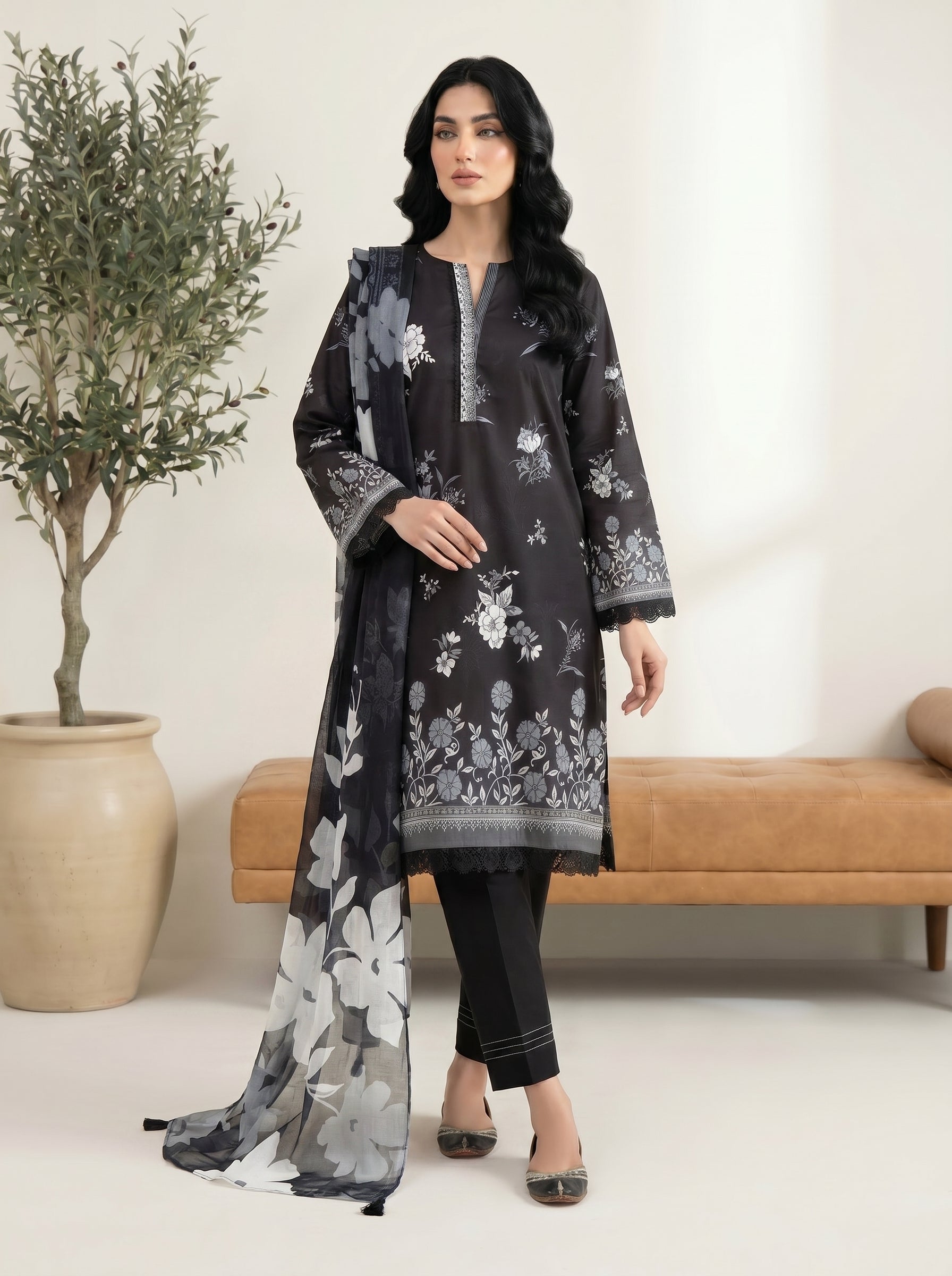 03 Piece Stitched Monochrome Printed Lawn