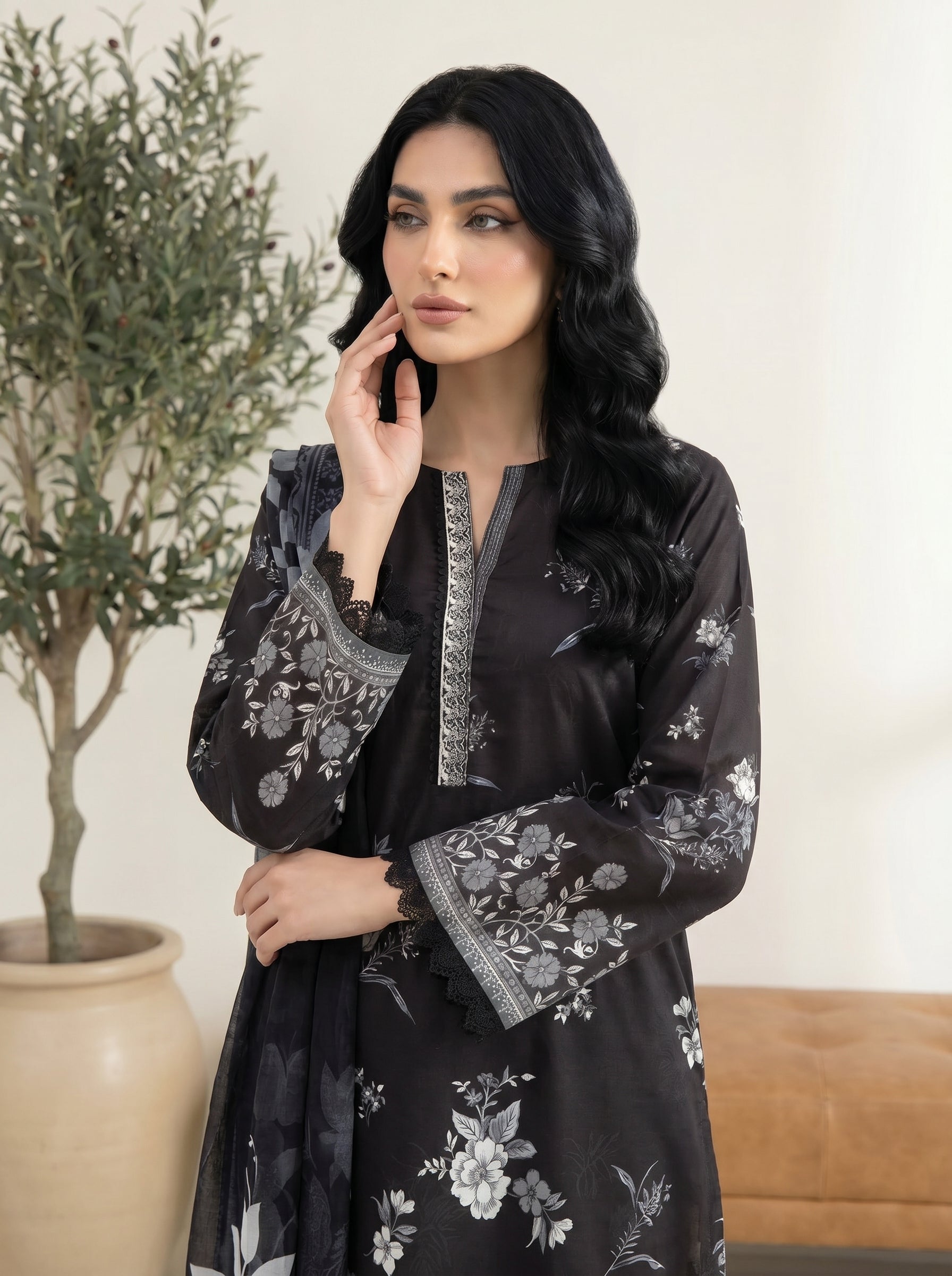 03 Piece Stitched Monochrome Printed Lawn
