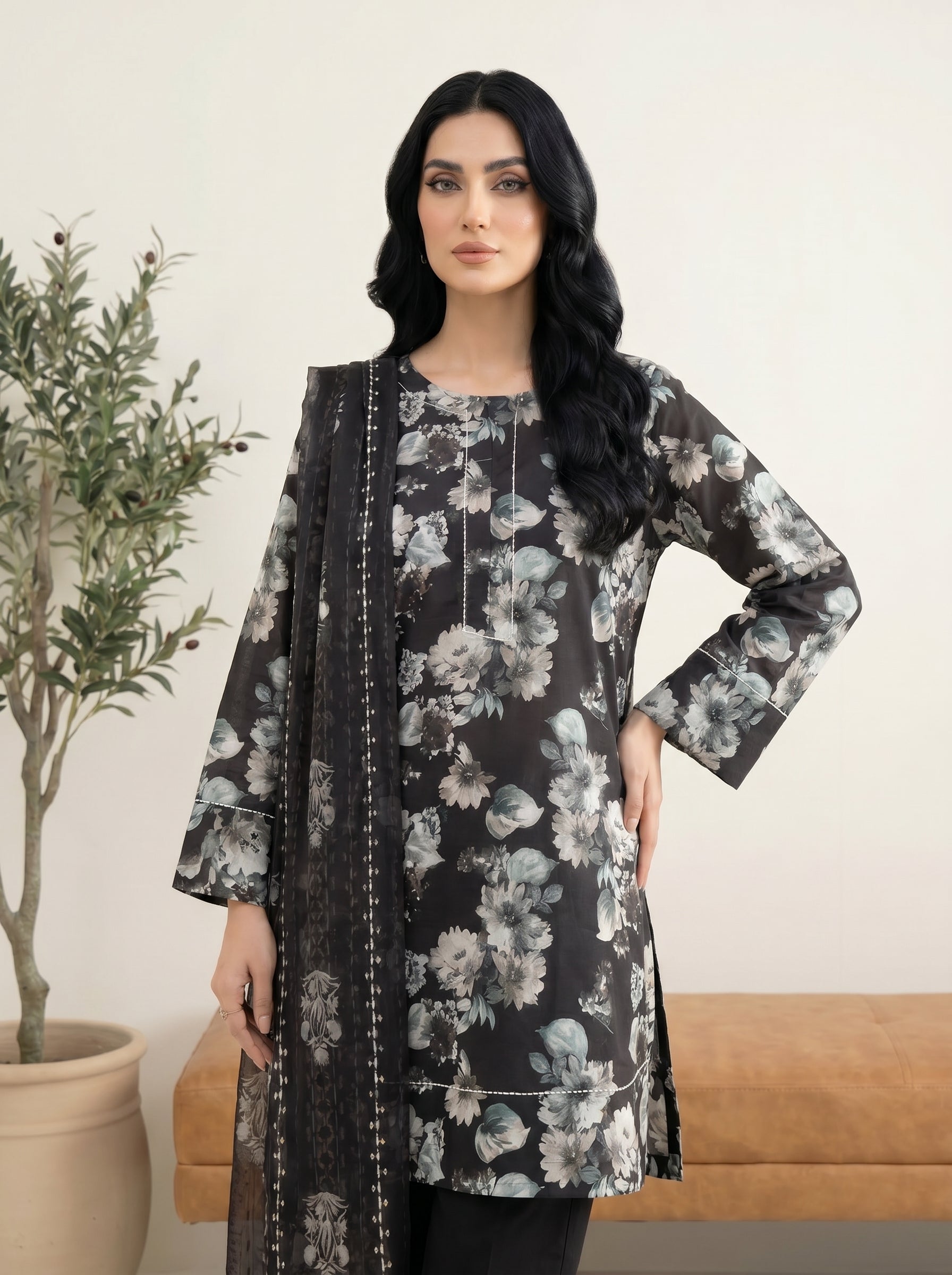 03 Piece Stitched Monochrome Printed Lawn