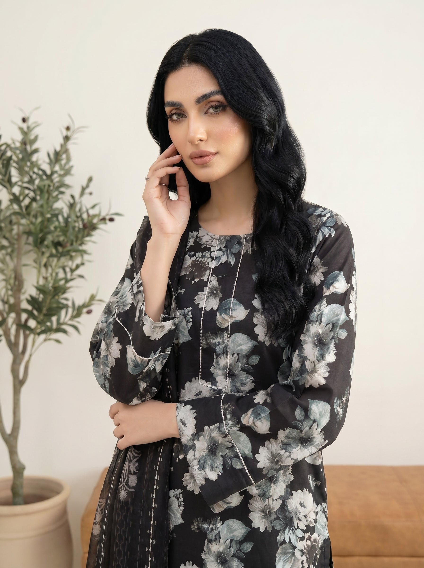 03 Piece Stitched Monochrome Printed Lawn