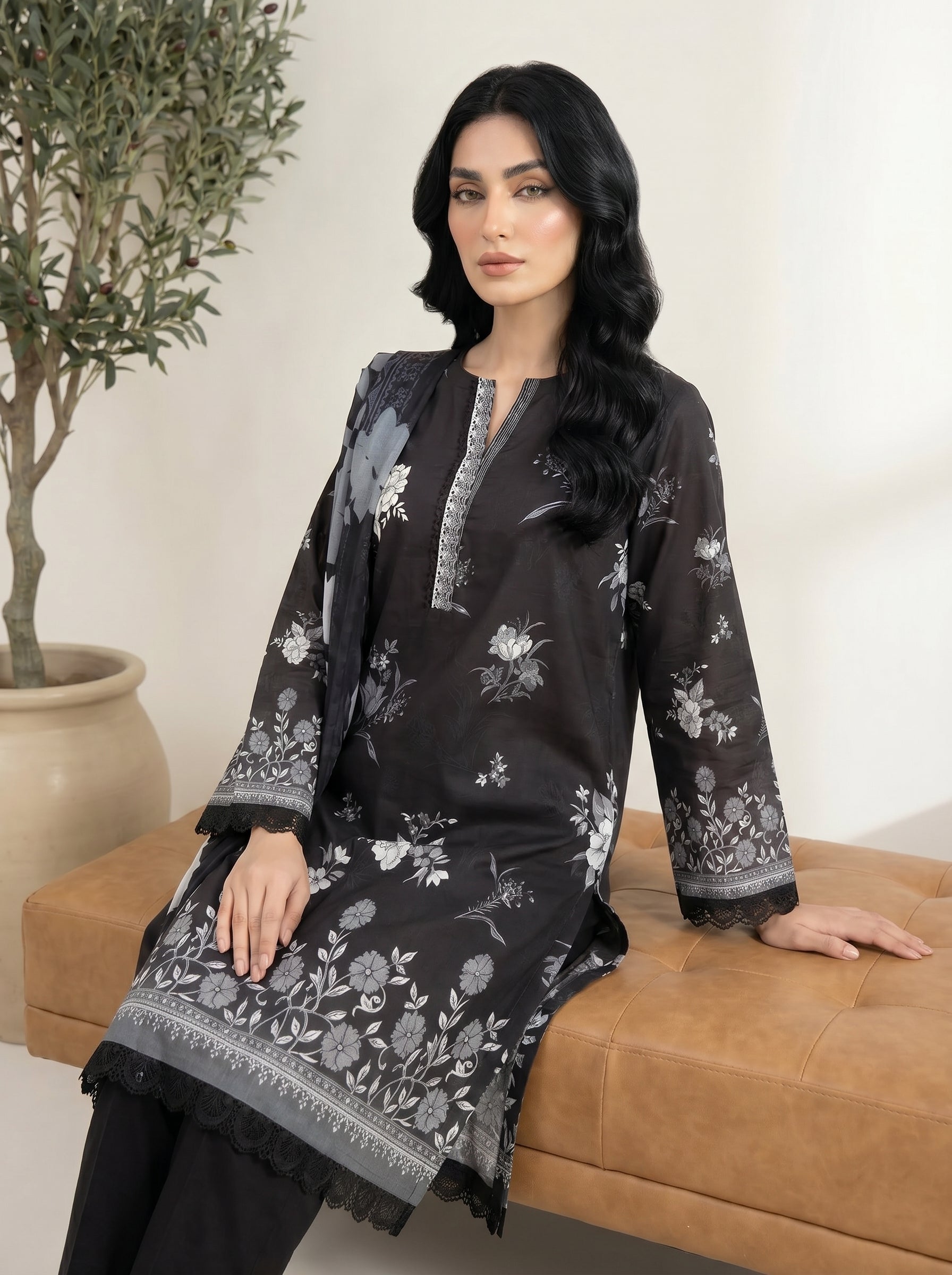 03 Piece Stitched Monochrome Printed Lawn