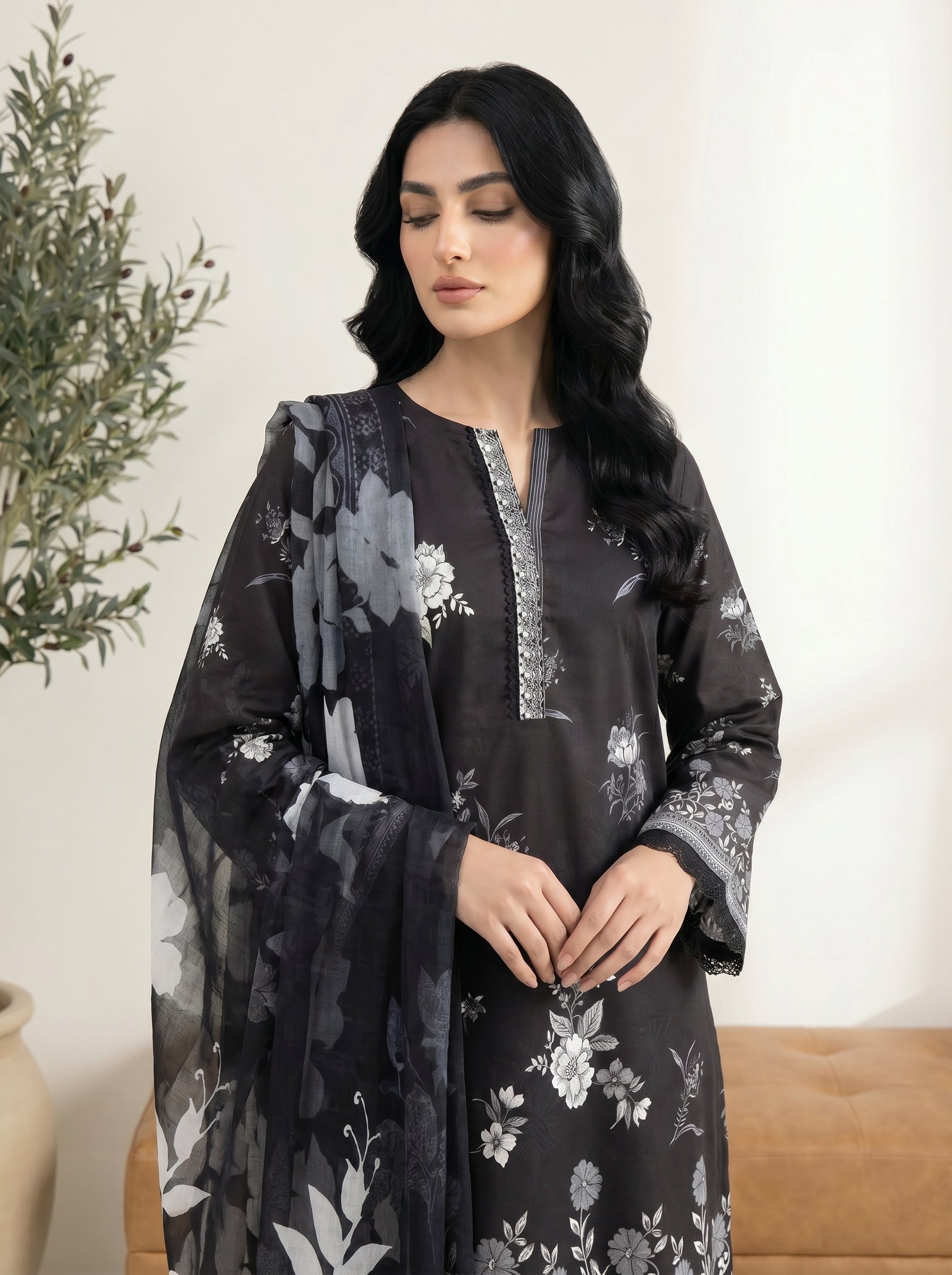 03 Piece Stitched Monochrome Printed Lawn