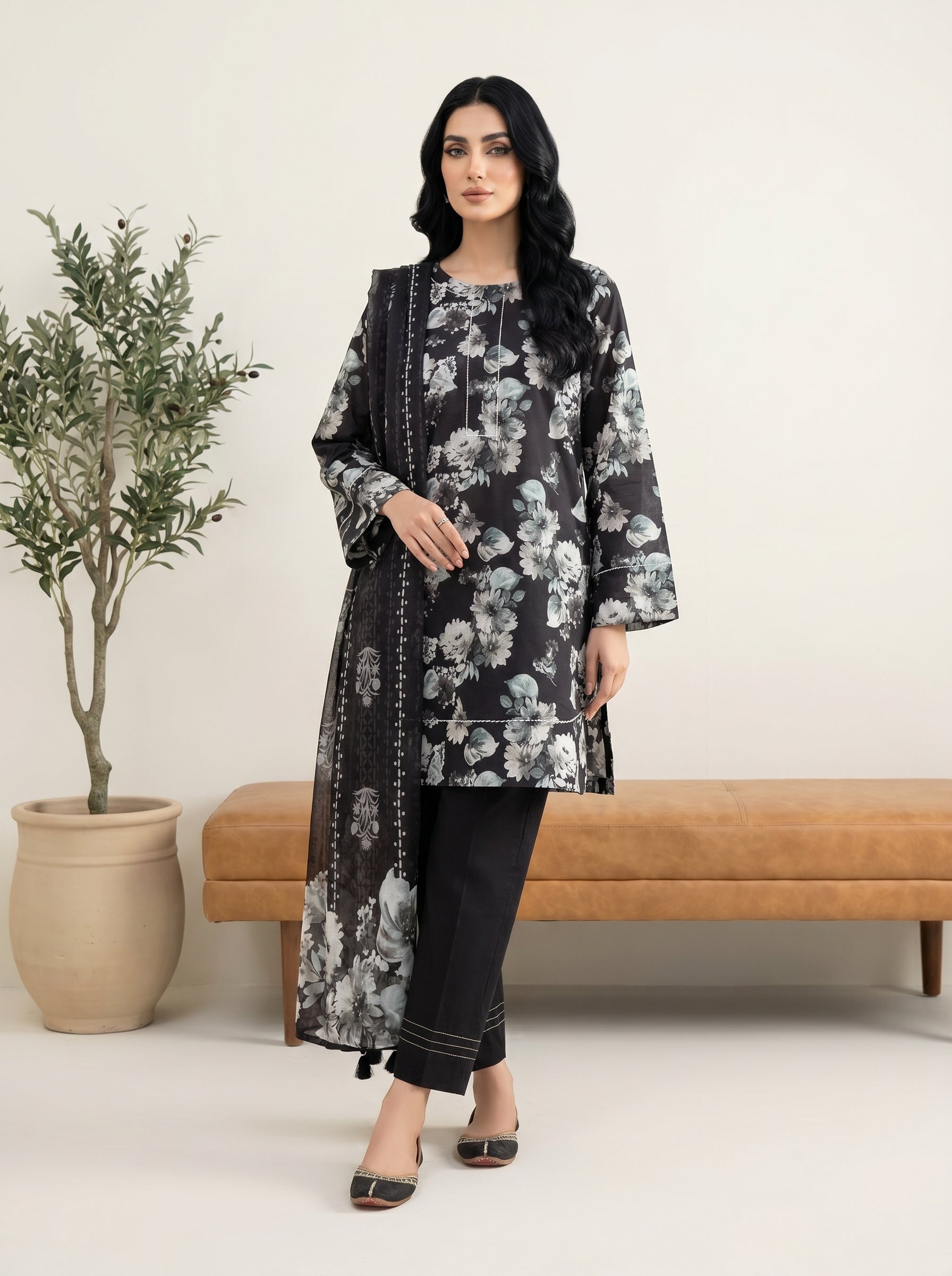 03 Piece Stitched Monochrome Printed Lawn
