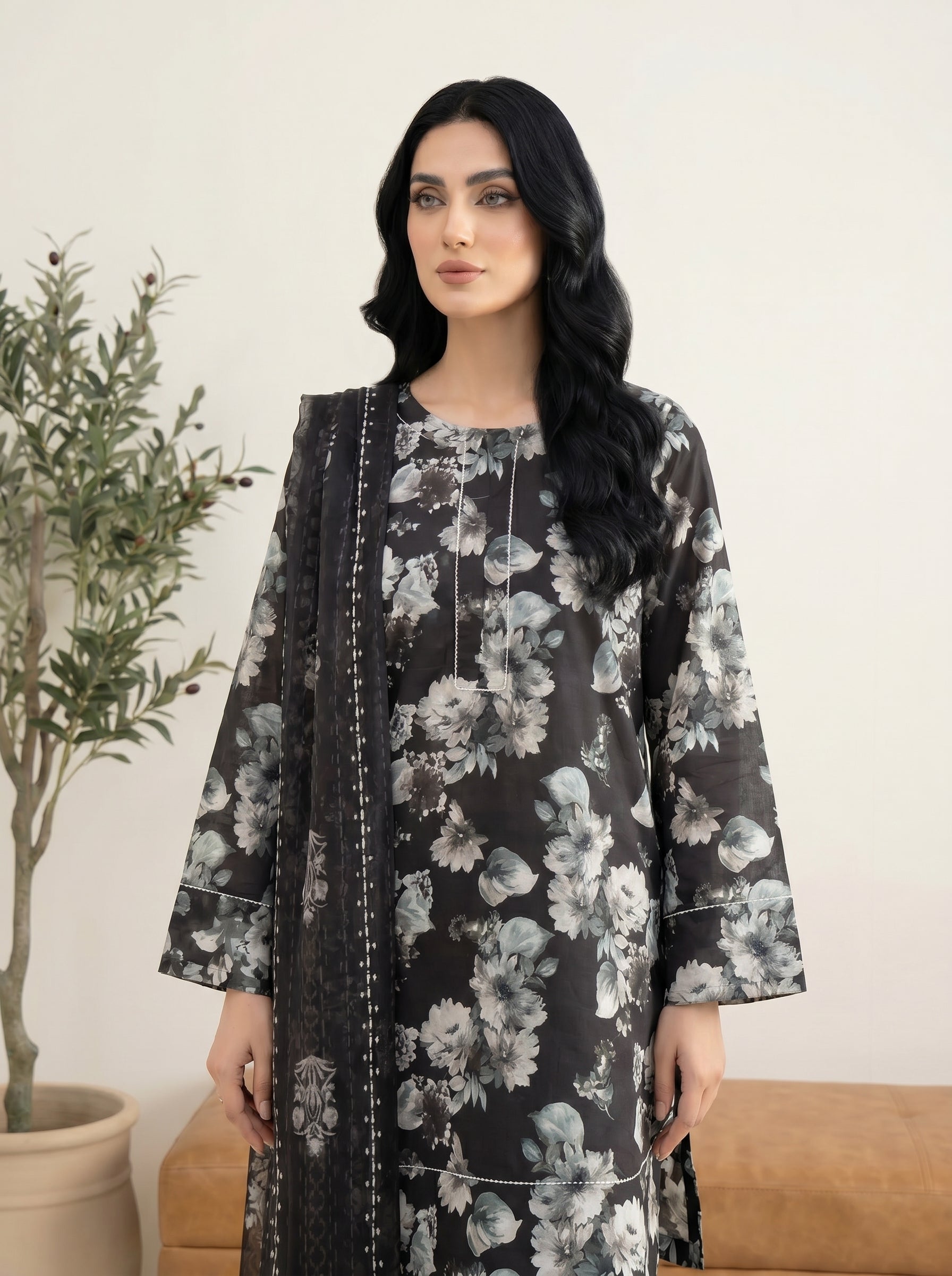 03 Piece Stitched Monochrome Printed Lawn