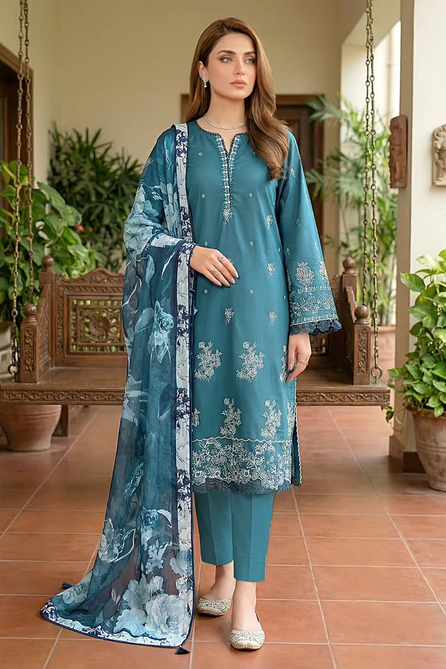 Lakhany Premium 03 Piece Unstitched Dyed Embroidered with Printed Lawn Dupatta