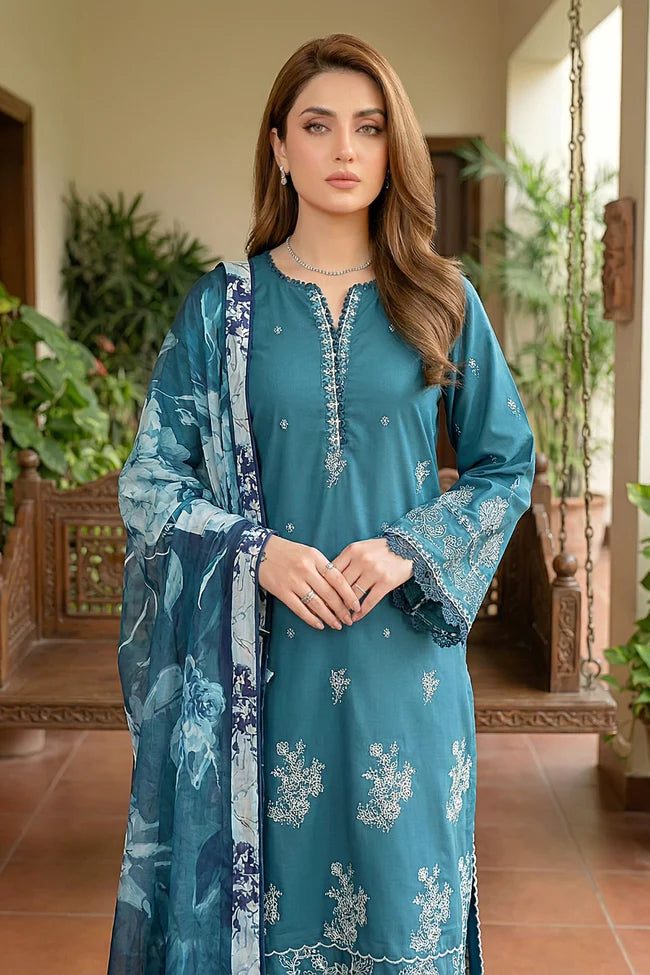 Lakhany Premium 03 Piece Unstitched Dyed Embroidered with Printed Lawn Dupatta