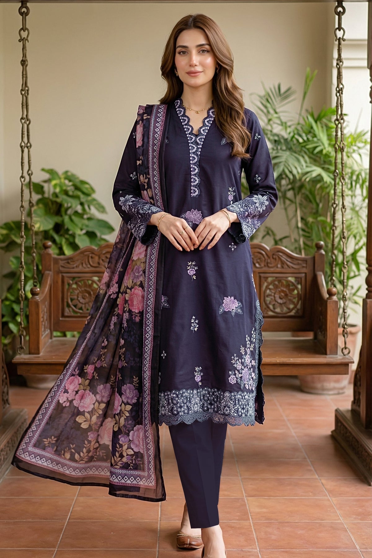 Lakhany Premium 03 Piece Unstitched Dyed Embroidered with Printed Lawn Dupatta