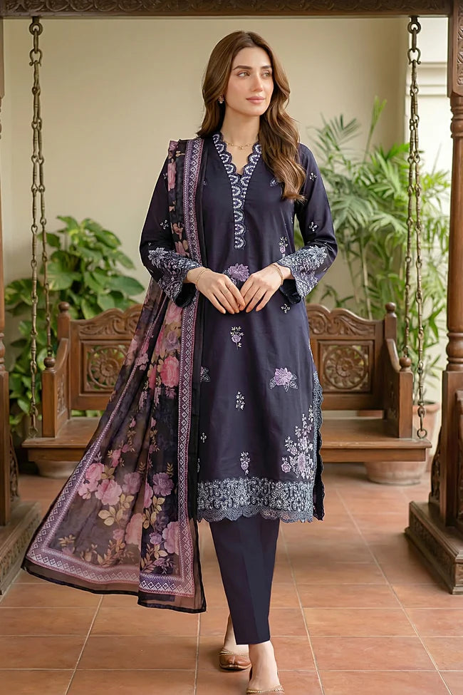Lakhany Premium 03 Piece Unstitched Dyed Embroidered with Printed Lawn Dupatta