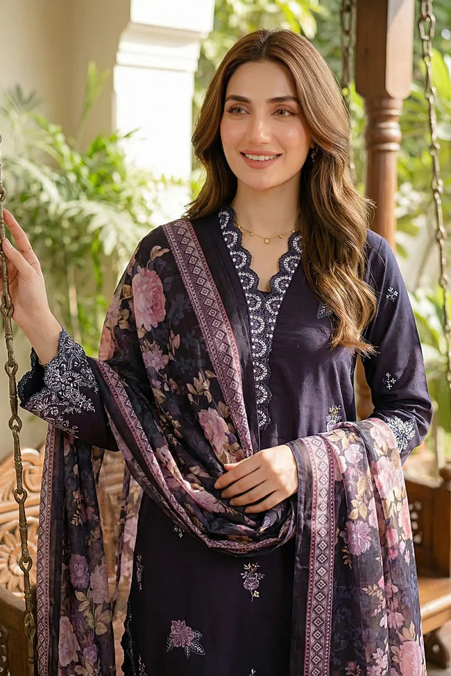 Lakhany Premium 03 Piece Unstitched Dyed Embroidered with Printed Lawn Dupatta