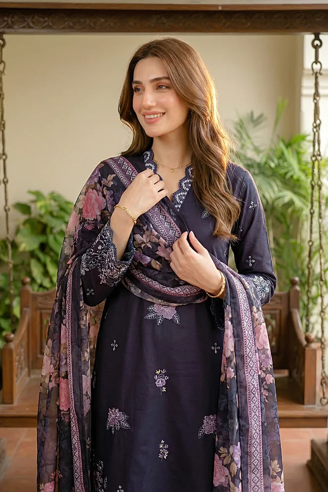 Lakhany Premium 03 Piece Unstitched Dyed Embroidered with Printed Lawn Dupatta