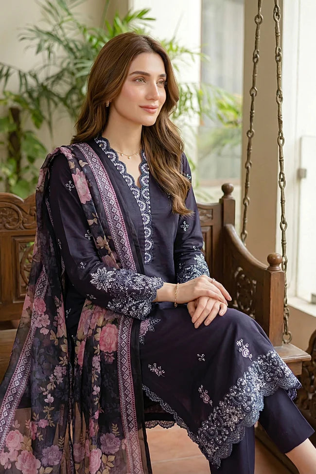 Lakhany Premium 03 Piece Unstitched Dyed Embroidered with Printed Lawn Dupatta