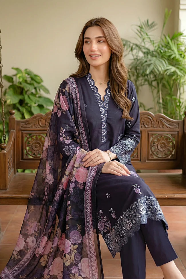 Lakhany Premium 03 Piece Unstitched Dyed Embroidered with Printed Lawn Dupatta