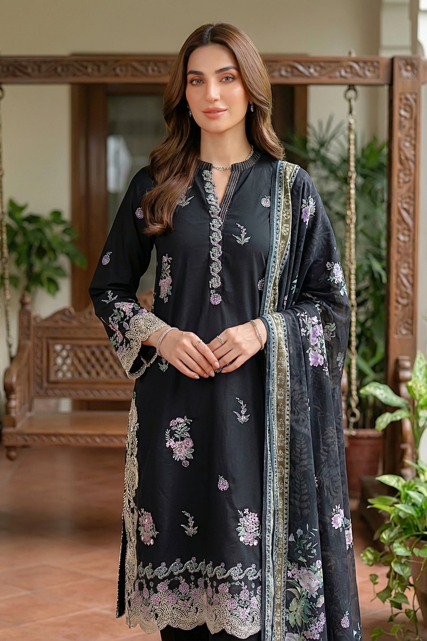 03 Piece Unstitched Dyed Embroidered with Printed Lawn Dupatta - Design 1