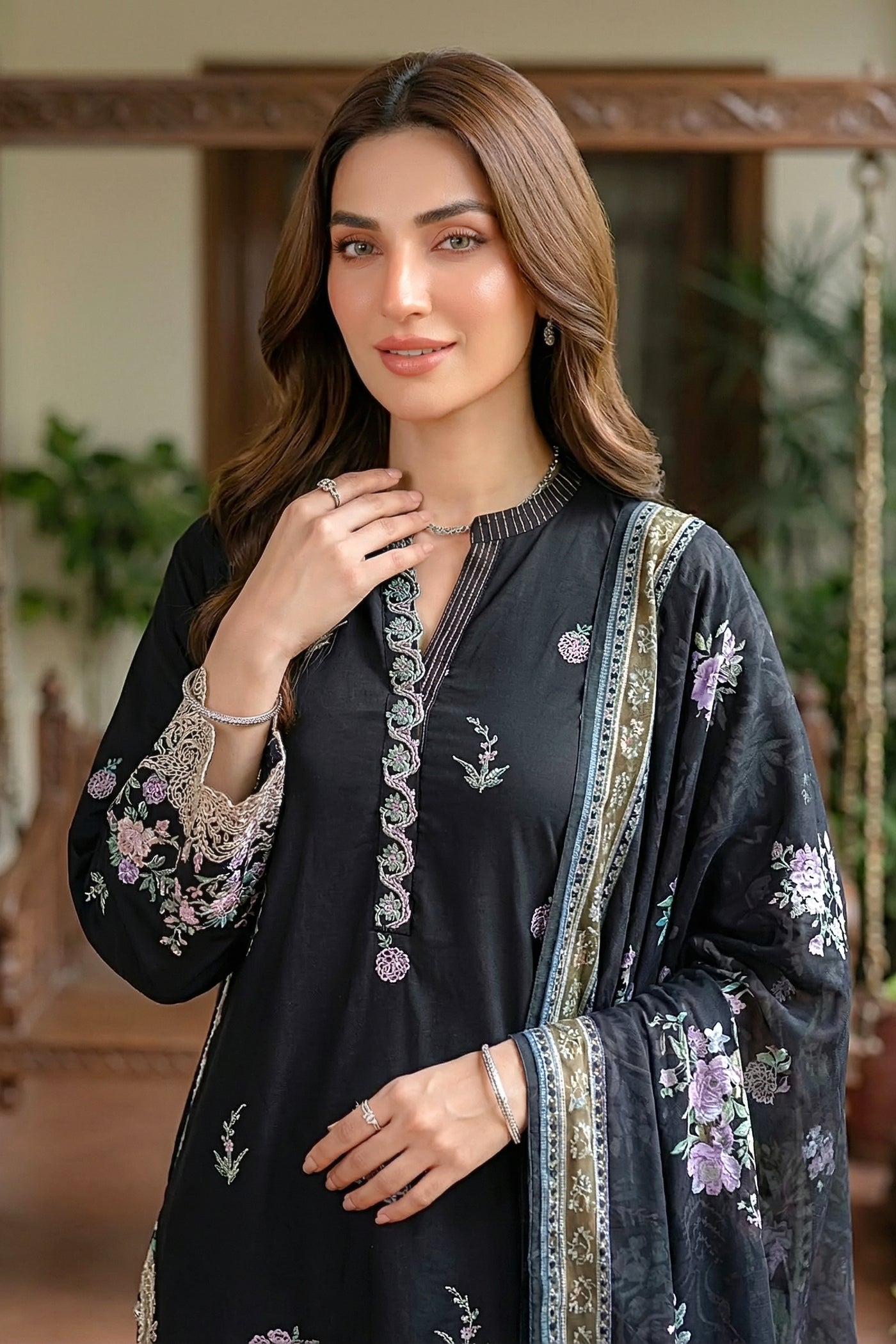 03 Piece Unstitched Dyed Embroidered with Printed Lawn Dupatta - Design 1
