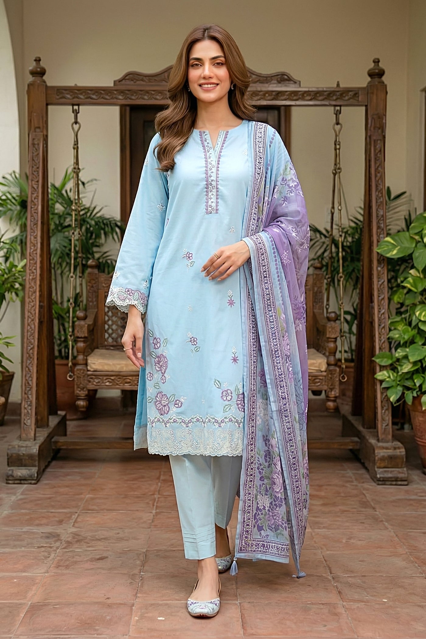 03 Piece Unstitched Dyed Embroidered with Printed Lawn Dupatta - Design 2
