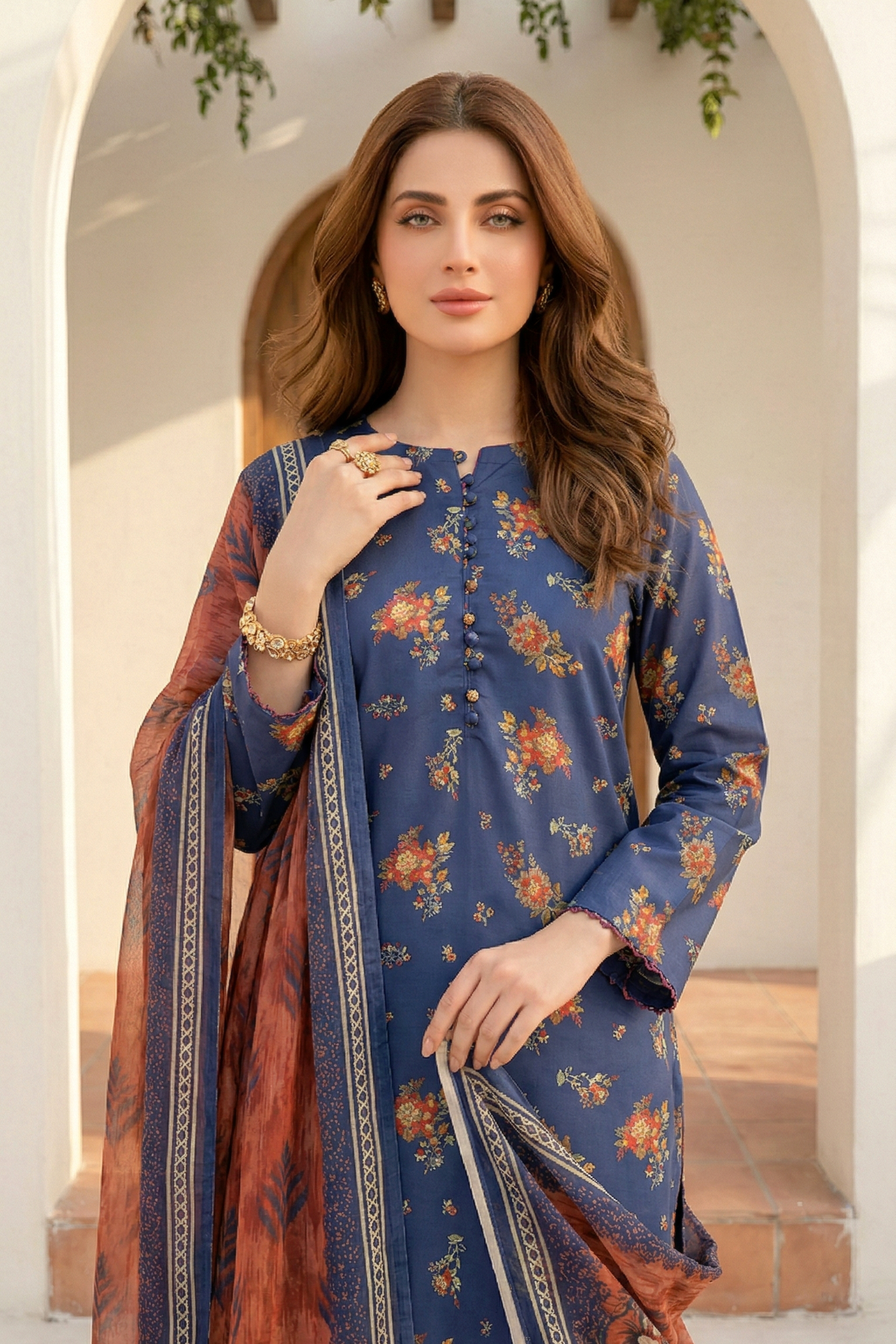03 Piece Unstitched Printed Arabic Lawn with Printed Chiffon Dupatta - Design 12