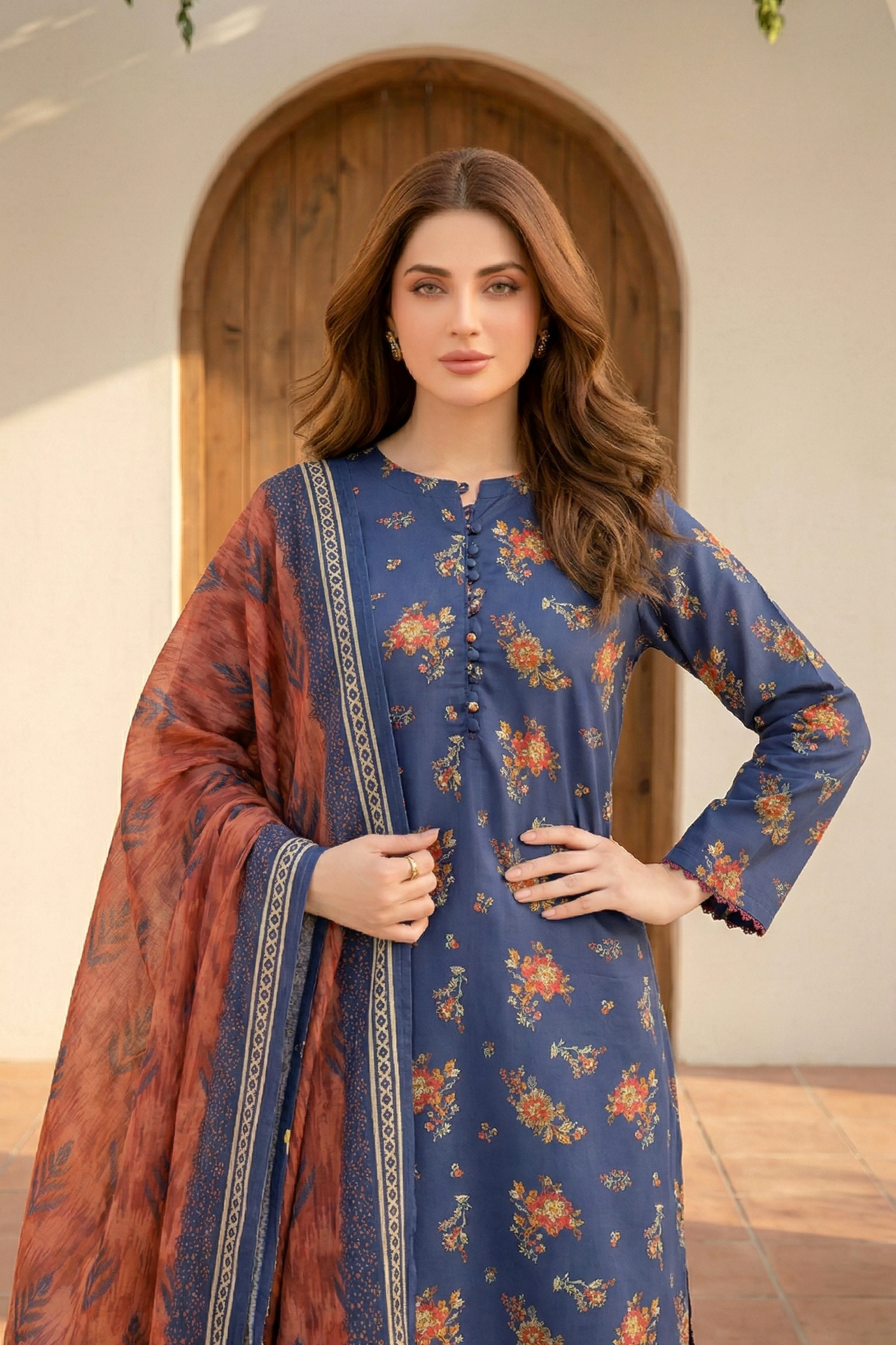 03 Piece Unstitched Printed Arabic Lawn with Printed Chiffon Dupatta - Design 12