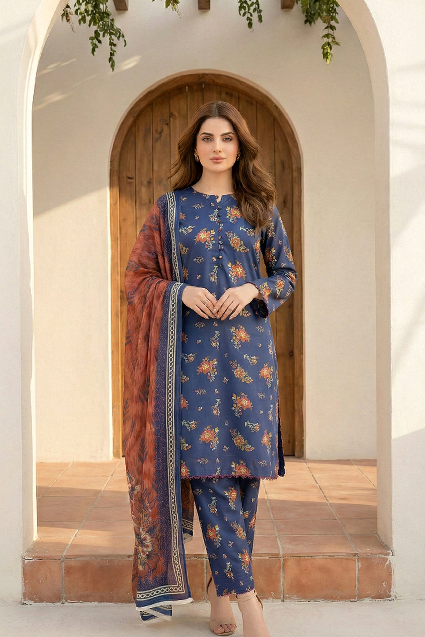 03 Piece Unstitched Printed Arabic Lawn with Printed Chiffon Dupatta - Design 12