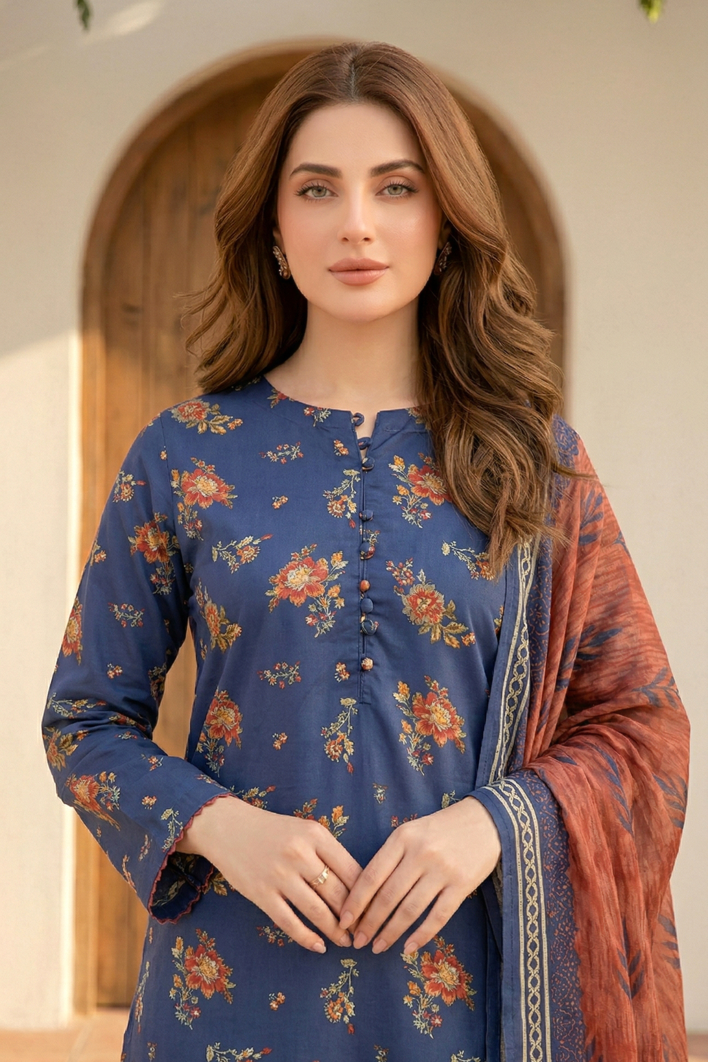 03 Piece Unstitched Printed Arabic Lawn with Printed Chiffon Dupatta - Design 12