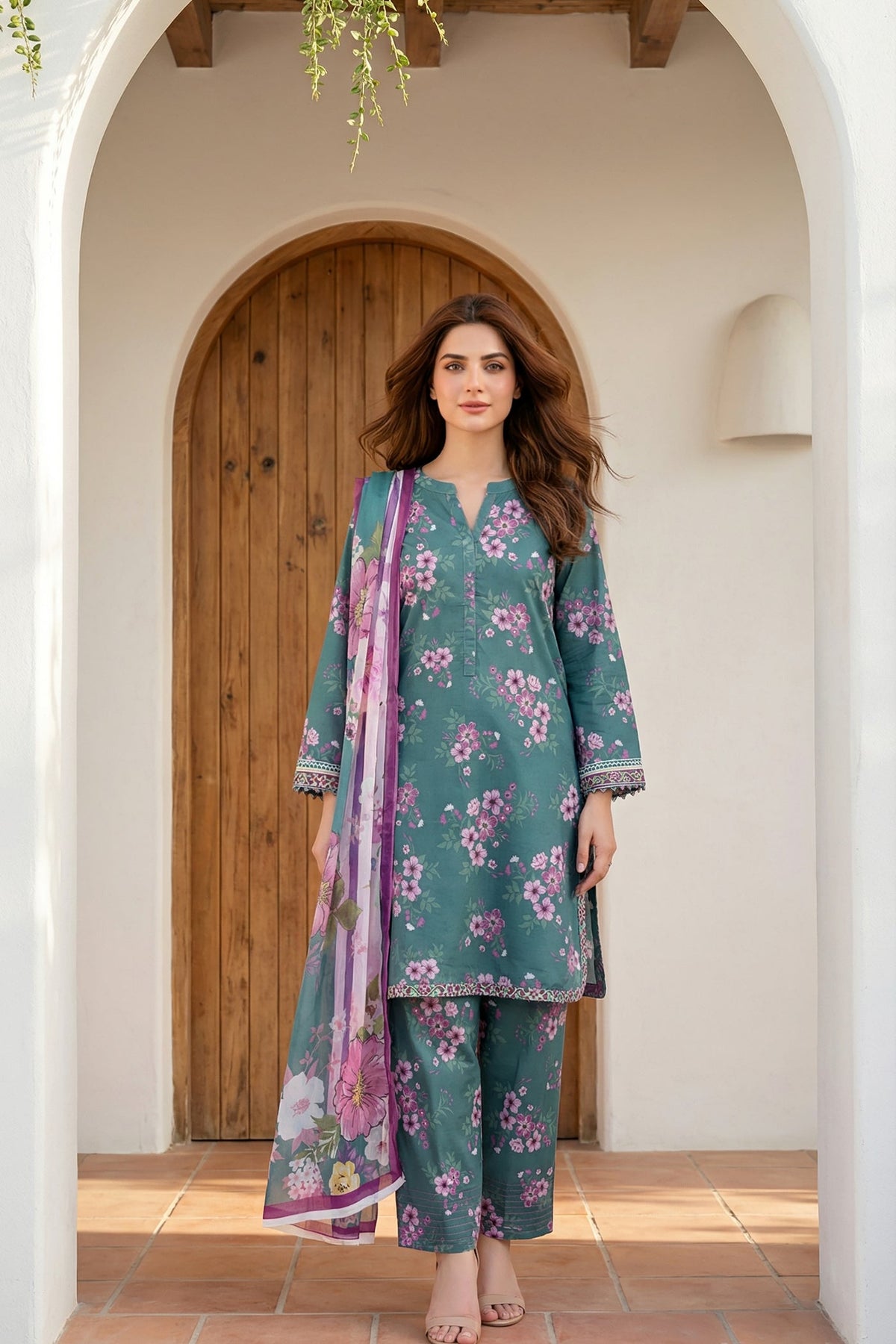 03 Piece Unstitched Printed Arabic Lawn with Printed Chiffon Dupatta - Design 14