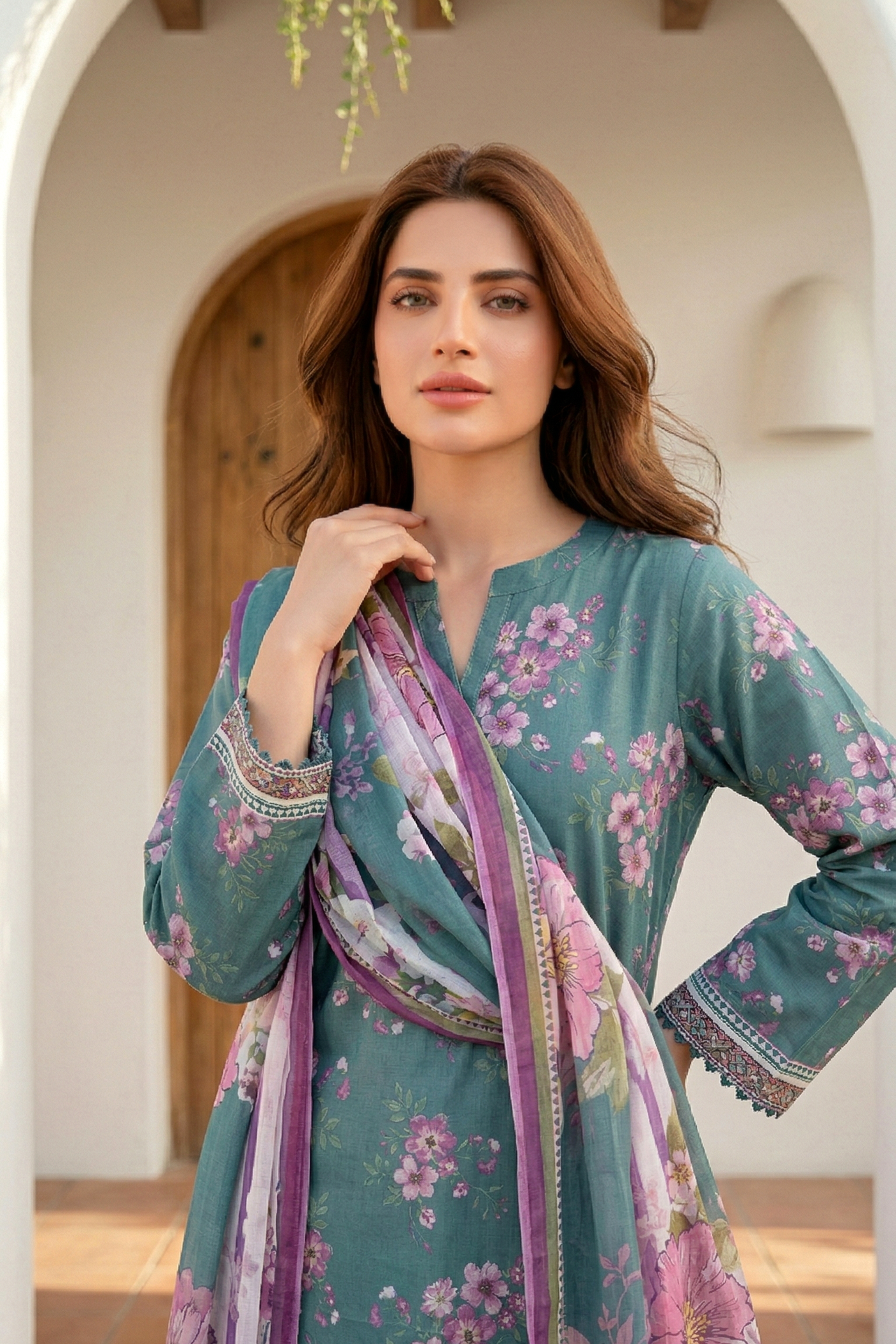 03 Piece Unstitched Printed Arabic Lawn with Printed Chiffon Dupatta - Design 14